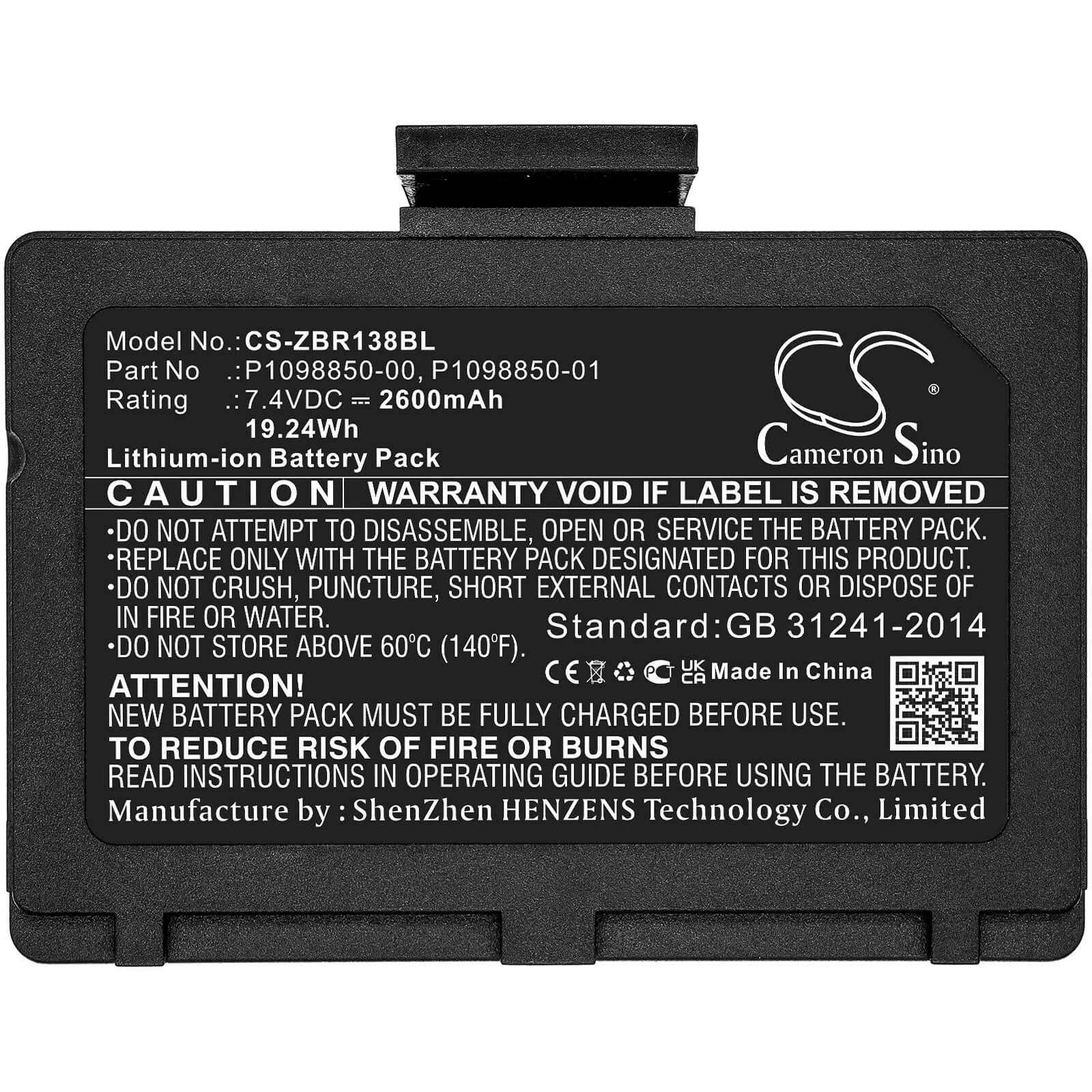 Li-ion Battery fits Zebra, Zr138 7.4V, 2600mAh / 19.24Wh Portable Printer Cameron Sino Technology Limited
