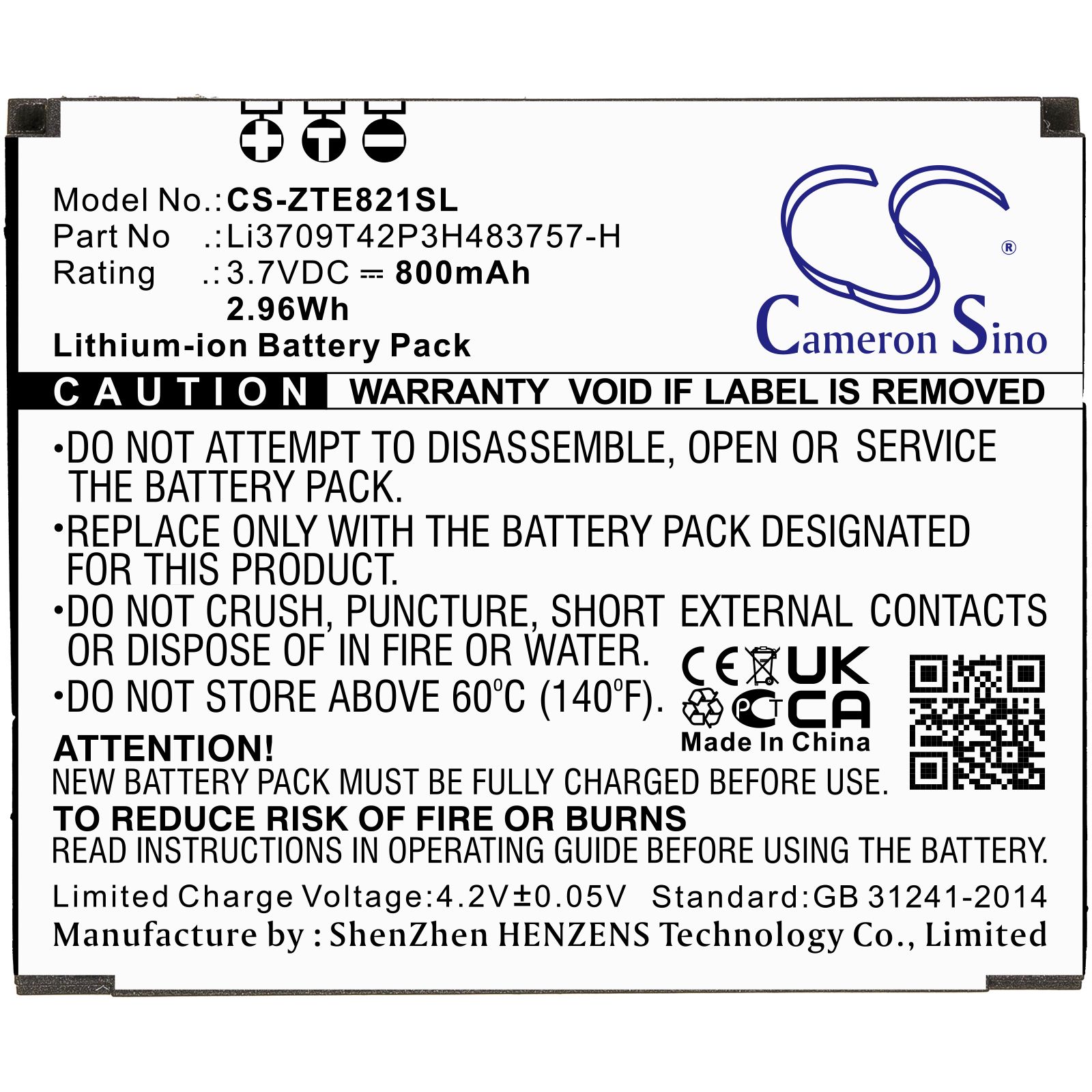 Li-ion Battery fits Zte, E821 3.7V, 800mAh Mobile & SmartPhone Cameron Sino Technology Limited