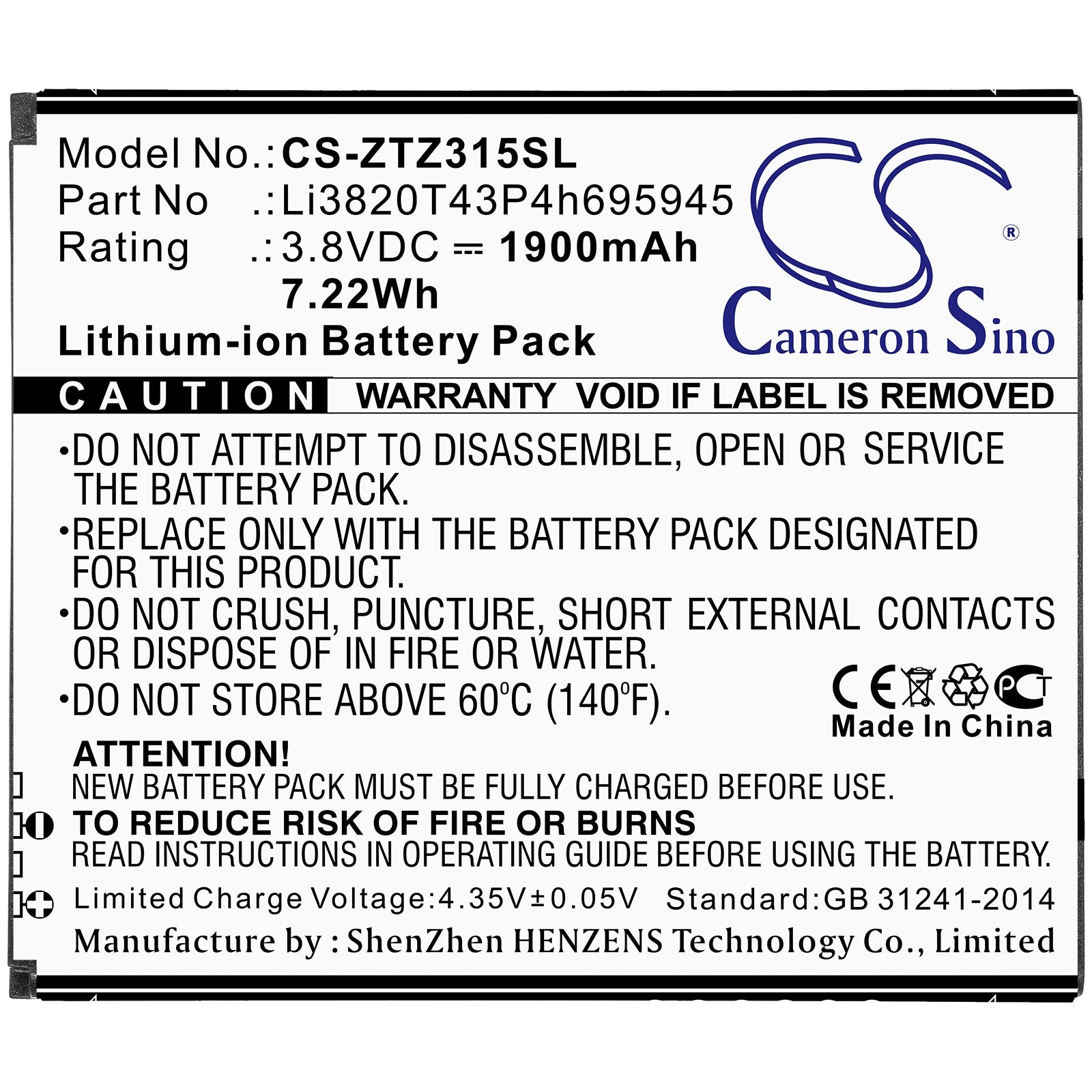 Li-ion Battery fits Zte, Li3820t43p4h695945 3.8V, 1900mAh Mobile & SmartPhone Cameron Sino Technology Limited