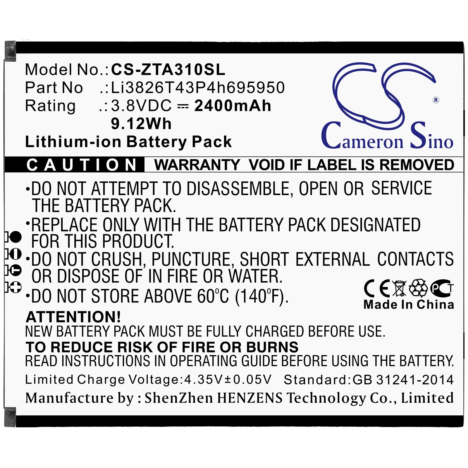Li-ion Battery fits Zte, Li3826t43p4h695950 3.8V, 2400mAh Mobile & SmartPhone Cameron Sino Technology Limited