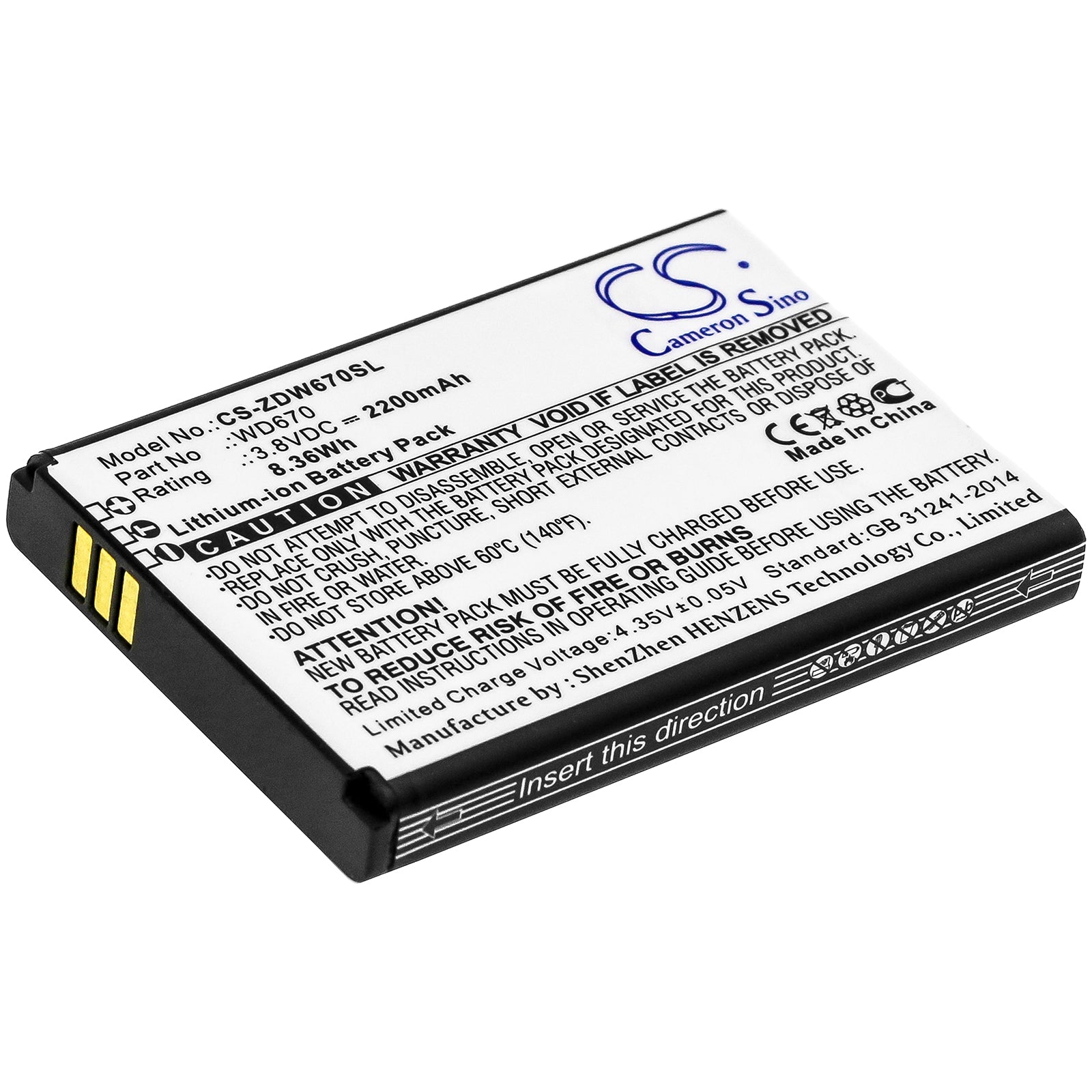 Li-ion Battery fits Zte, Wd670 3.8V, 2200mAh Hotspot Cameron Sino Technology Limited