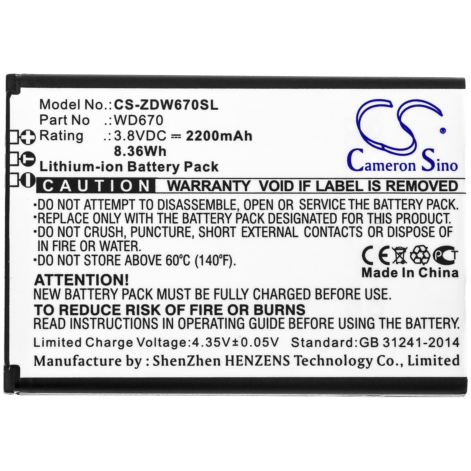 Li-ion Battery fits Zte, Wd670 3.8V, 2200mAh Hotspot Cameron Sino Technology Limited