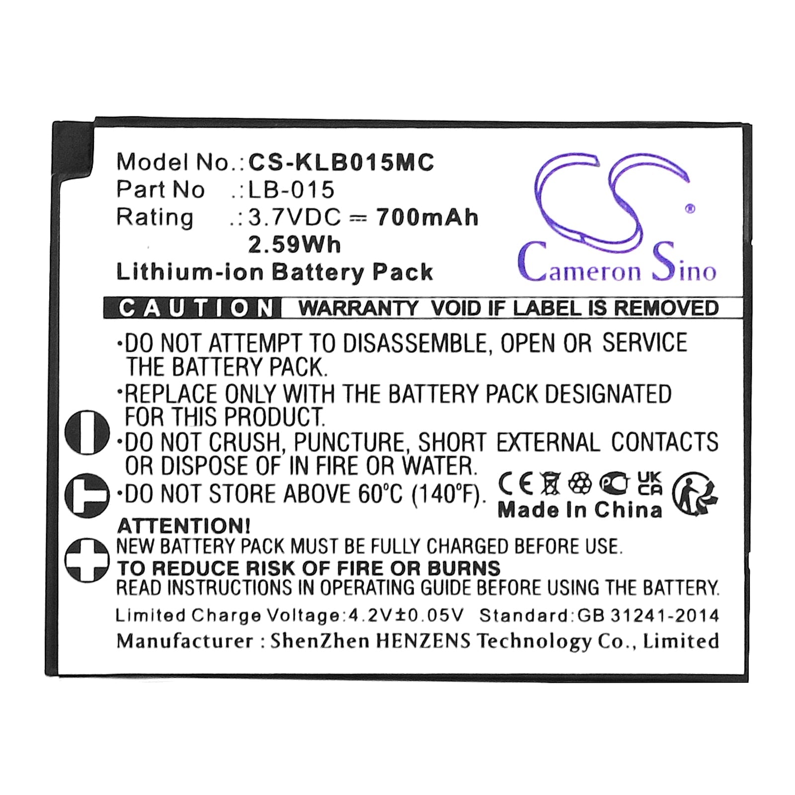 Li-ion, Camera Battery fits Kodak Wpz2, 3.7V, 700mAh Camera Cameron Sino Technology Limited