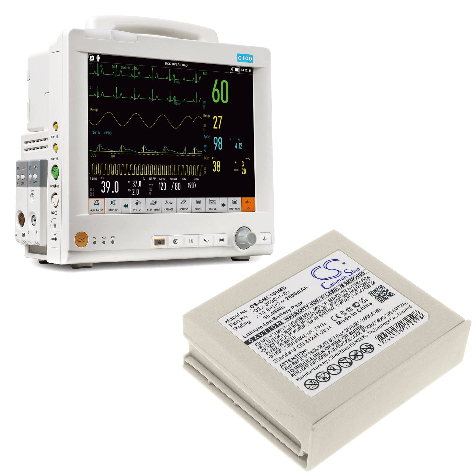 Li-ion, Medical Battery fits Comen C100, C100 Monitor, 14.8V, 2600mAh Medical Cameron Sino Technology Limited