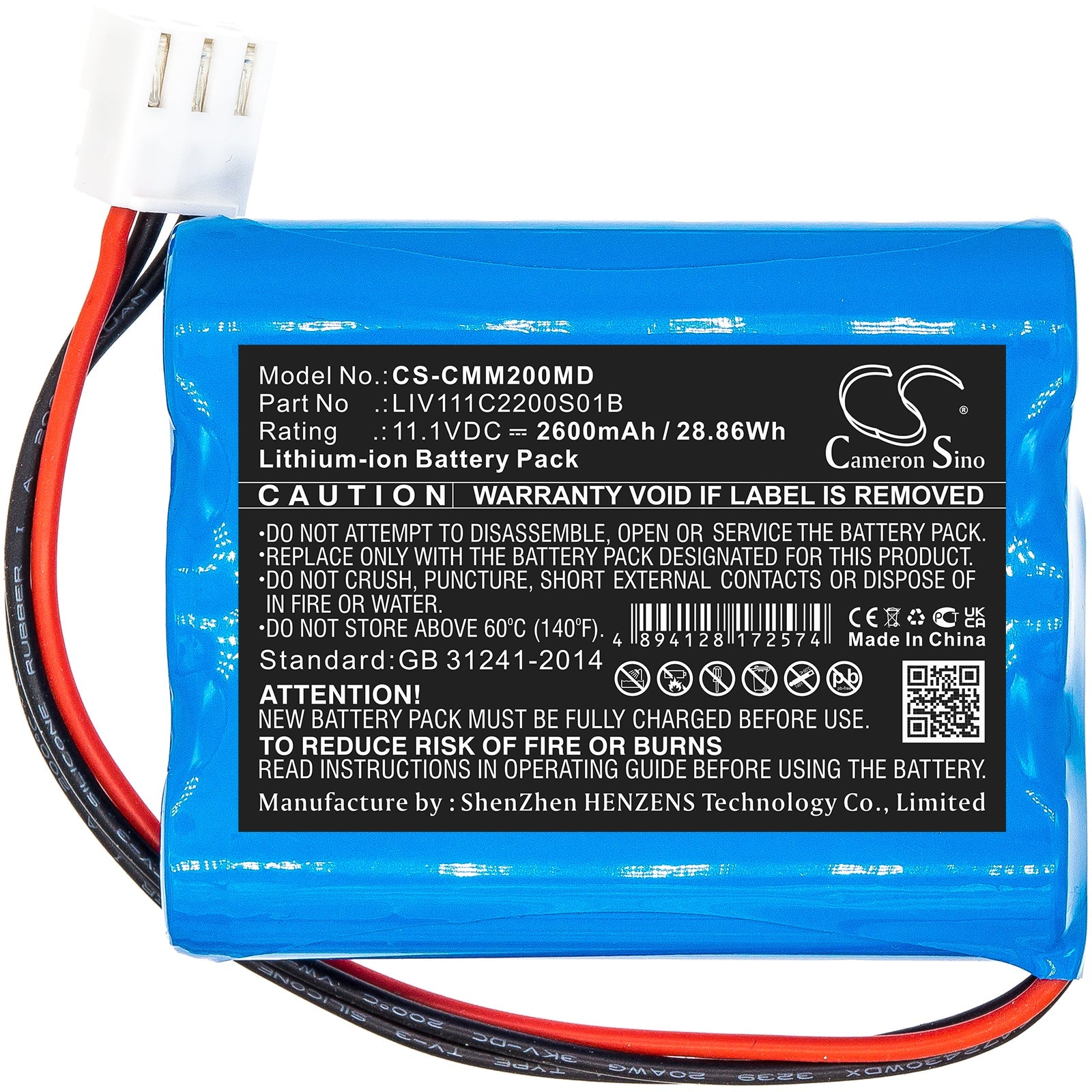Li-ion, Medical Battery fits Comen M2000a, 11.1V, 2600mAh Medical Cameron Sino Technology Limited