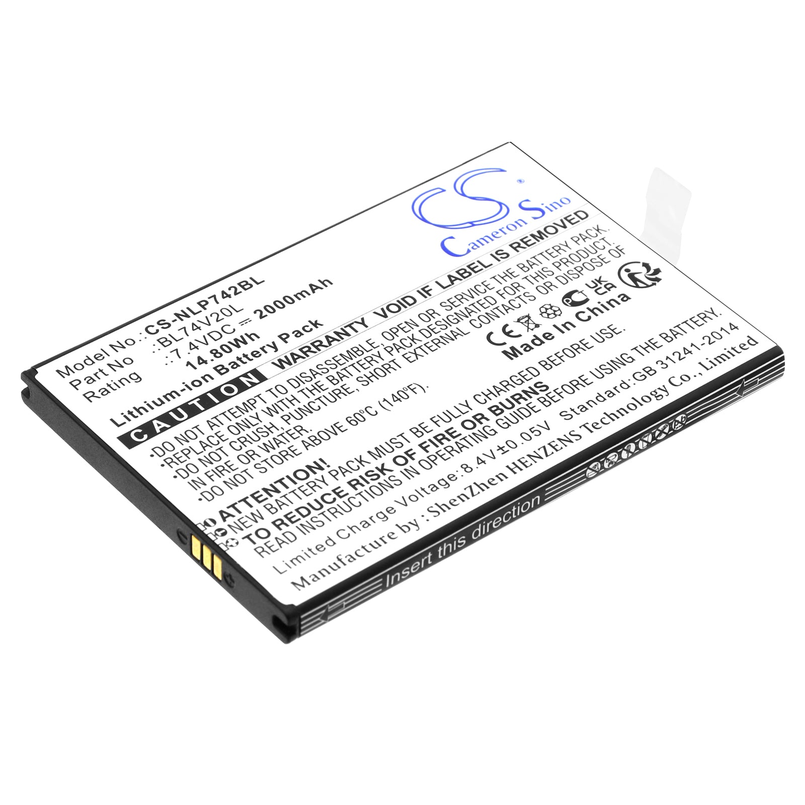 Li-ion, Payment Terminal Battery fits Newland N900, Sp600, 7.4V, 2000mAh Payment Terminal Cameron Sino Technology Limited