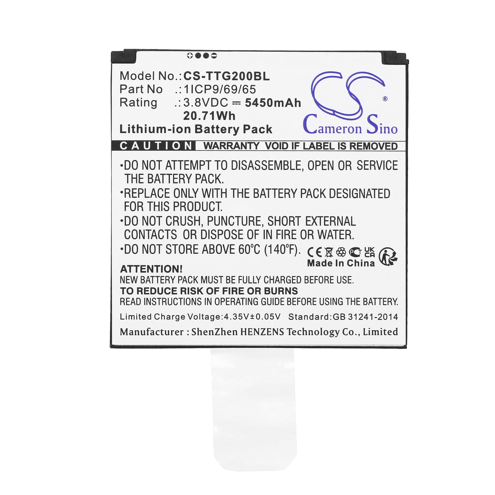 Li-ion, Payment Terminal Battery fits Toast Tg200, 3.8V, 5450mAh Payment Terminal Cameron Sino Technology Limited