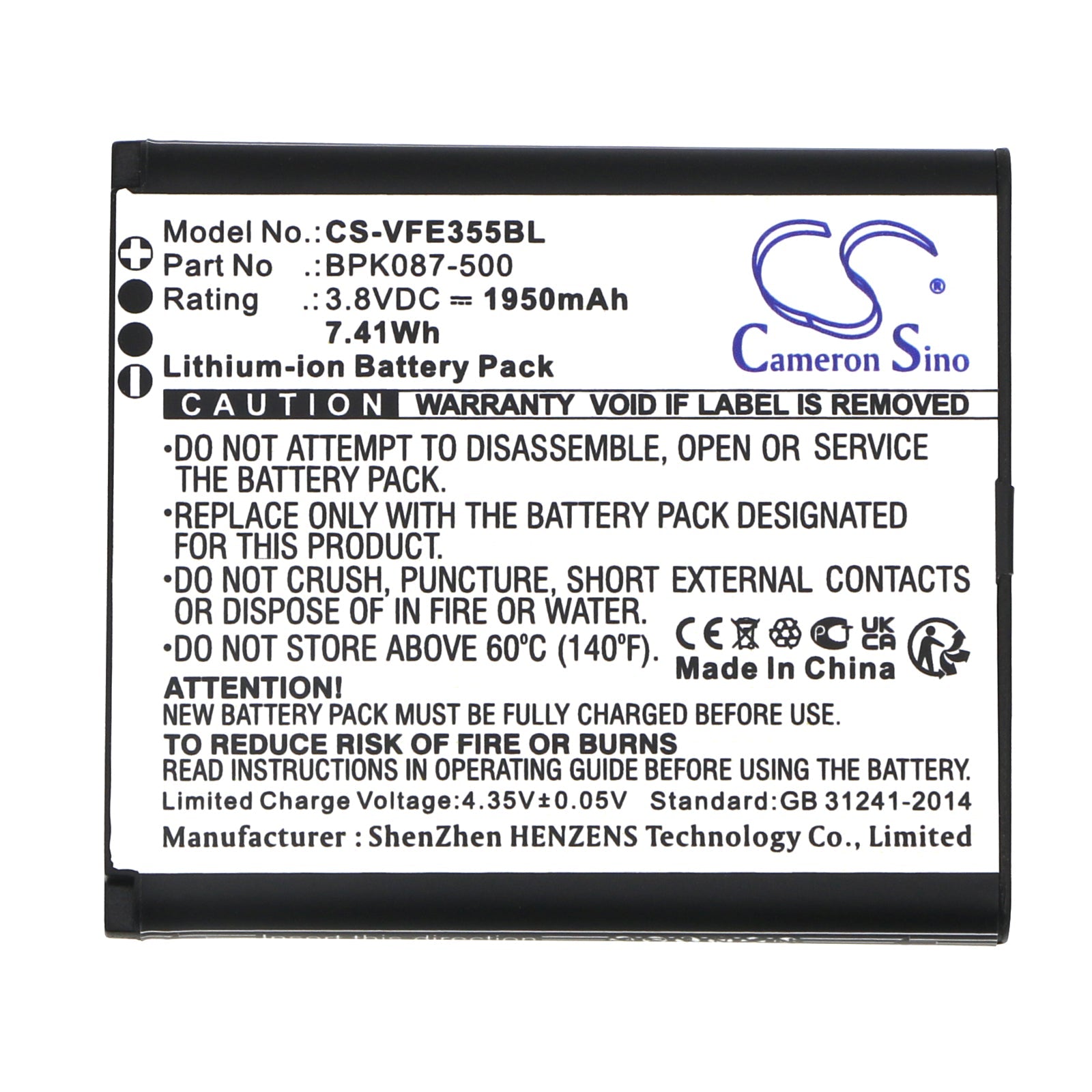 Li-ion, Payment Terminal Battery fits Verifone E355, Ipay E355, 3.8V, 1950mAh Payment Terminal Cameron Sino Technology Limited
