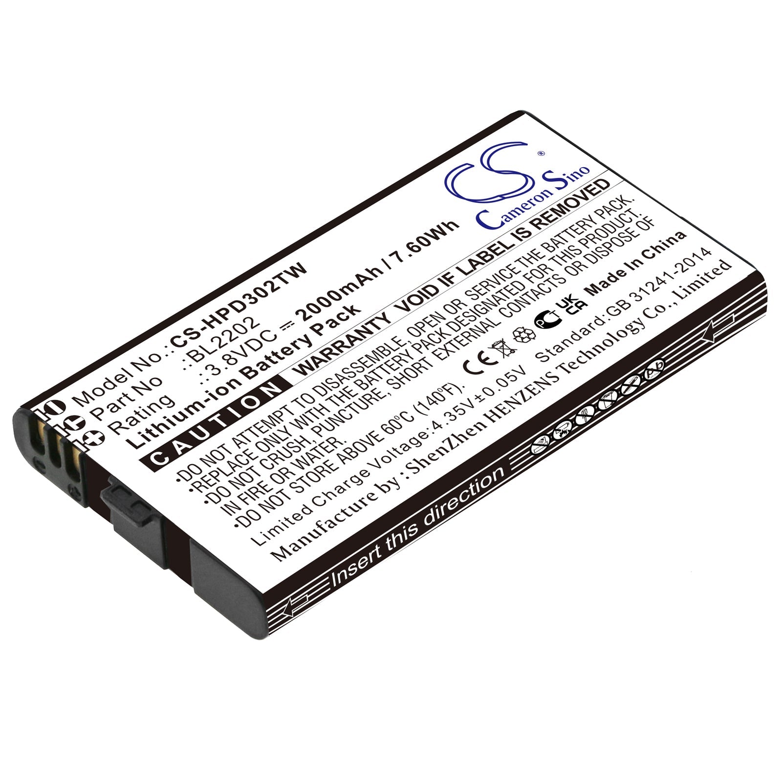 Li-ion, Two-Way Radio Battery fits Hytera Bd300, Bd302, 3.8V, 2000mAh Two-Way Radio Cameron Sino Technology Limited