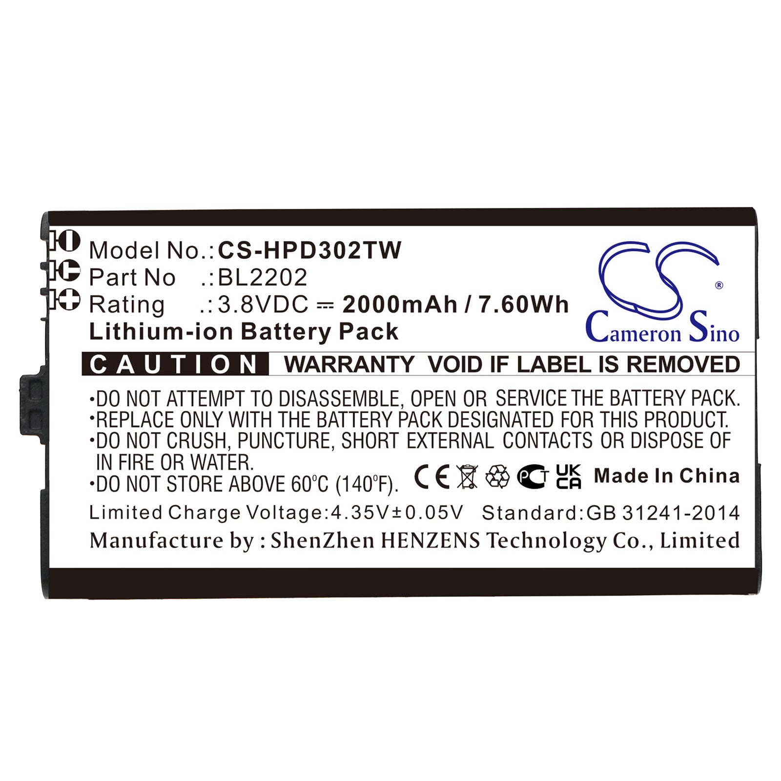 Li-ion, Two-Way Radio Battery fits Hytera Bd300, Bd302, 3.8V, 2000mAh Two-Way Radio Cameron Sino Technology Limited