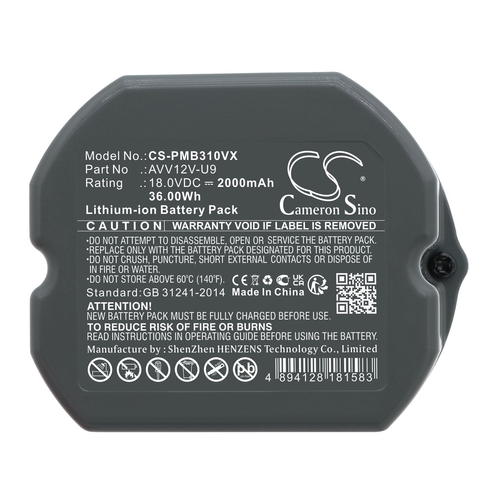 Li-ion, Vacuum Battery fits Panasonic Avv12v-u9, Mc-6dd65, 18.0V, 2000mAh Vacuum Cameron Sino Technology Limited