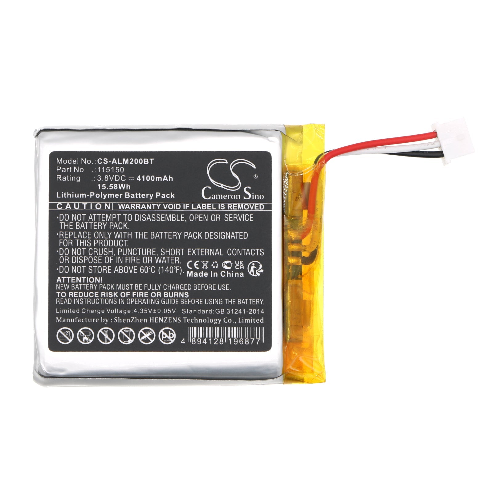 Li-Polymer, Alarm System Battery fits 2gig 2gig-edg-na-v, Edge Panel, 3.8V, 4100mAh Alarm System Cameron Sino Technology Limited
