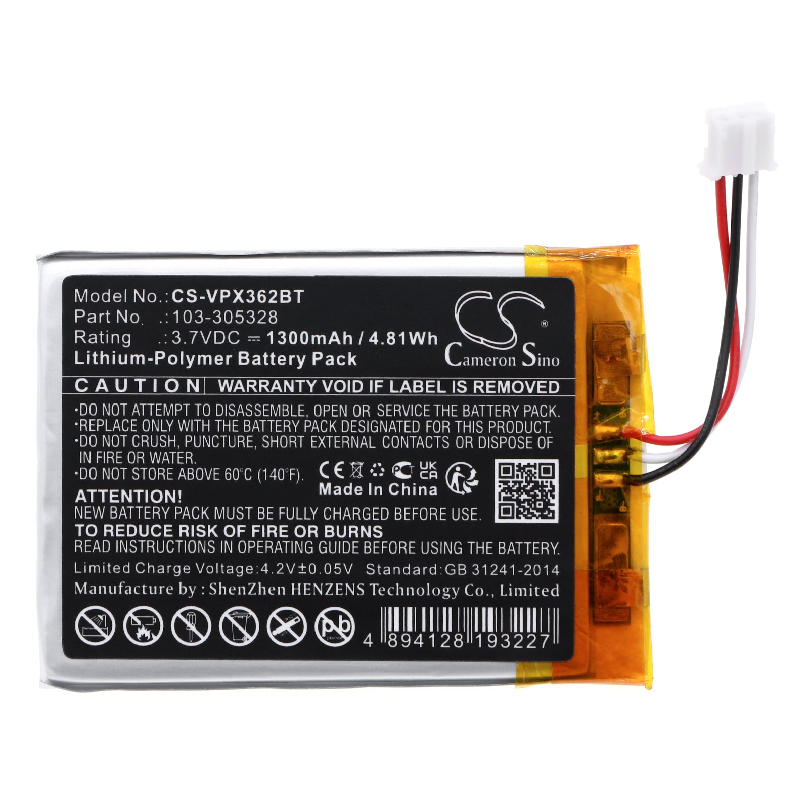 Li-Polymer, Alarm System Battery fits Visonic Powermaster 360, Powermaster 360-pg2, 3.7V, 1300mAh Alarm System Cameron Sino Technology Limited