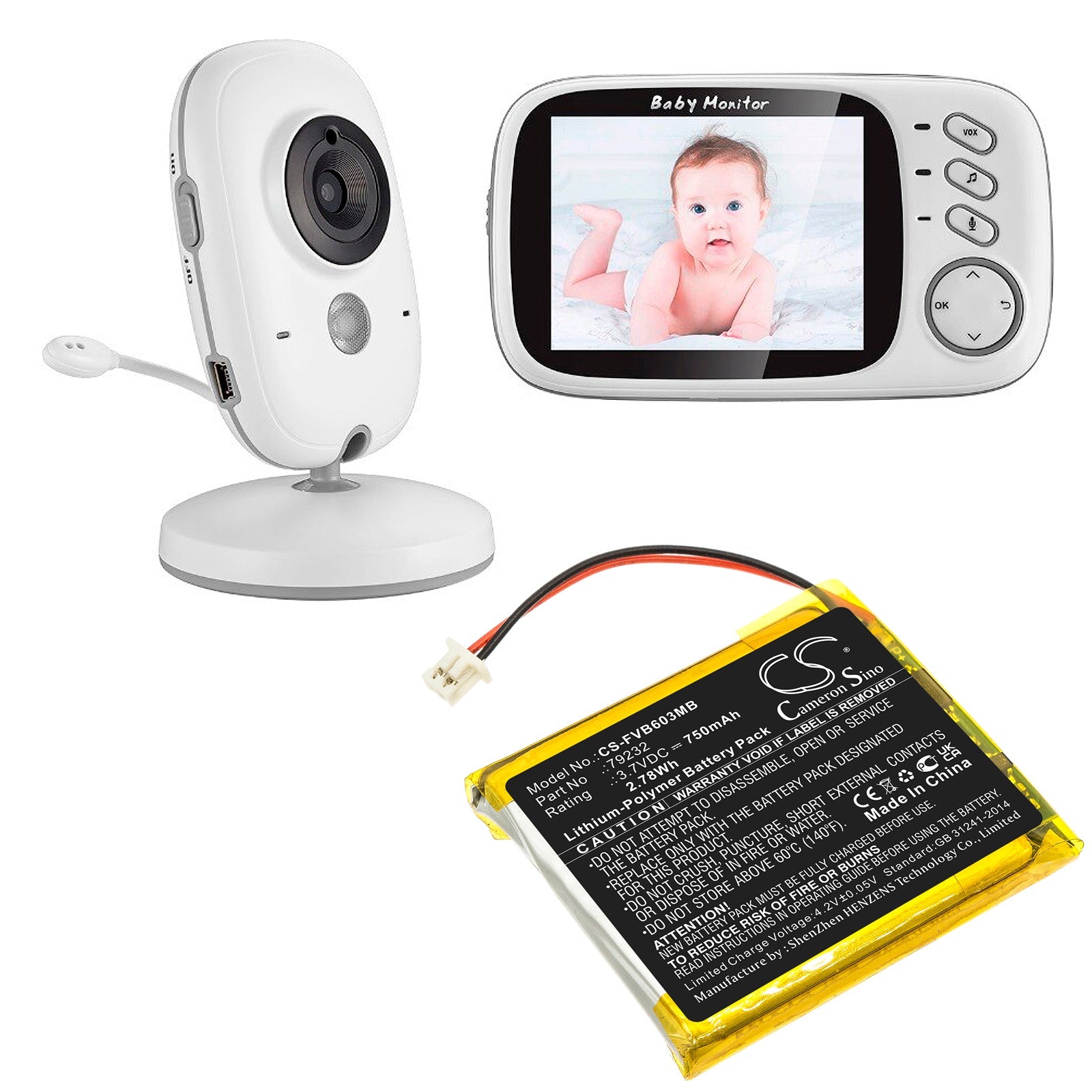 Li-Polymer, BabyPhone Battery fits Floureon Vb601, Vb603, 3.7V, 750mAh BabyPhone Cameron Sino Technology Limited