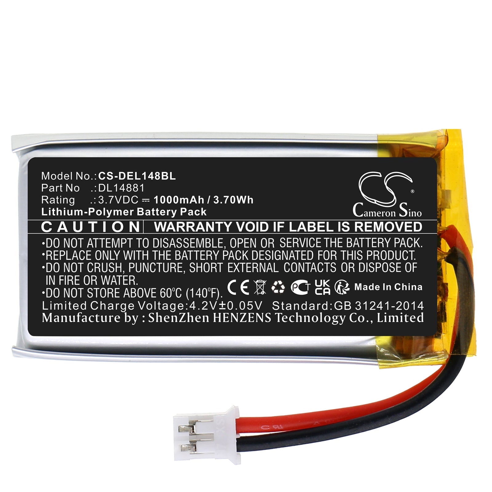 Li-Polymer, Barcode Scanner Battery fits Deli 14951w, 3.7V, 1000mAh Barcode Scanner Cameron Sino Technology Limited