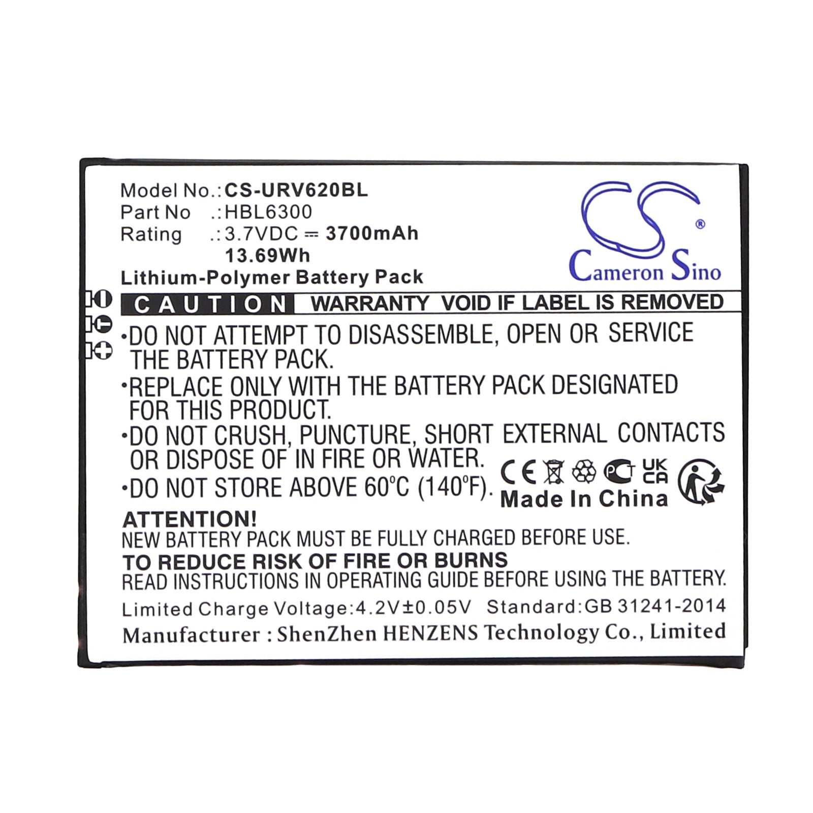 Li-Polymer, Barcode Scanner Battery fits Urovo I6200, 3.7V, 3700mAh Barcode Scanner Cameron Sino Technology Limited