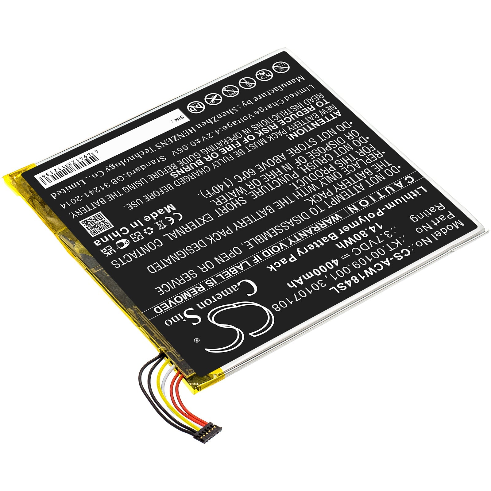 Li-Polymer Battery fits Acer, A1-840-131u, A1-840-16pt, A1-840fhd-10g2 3.7V, 4000mAh Tablet Cameron Sino Technology Limited