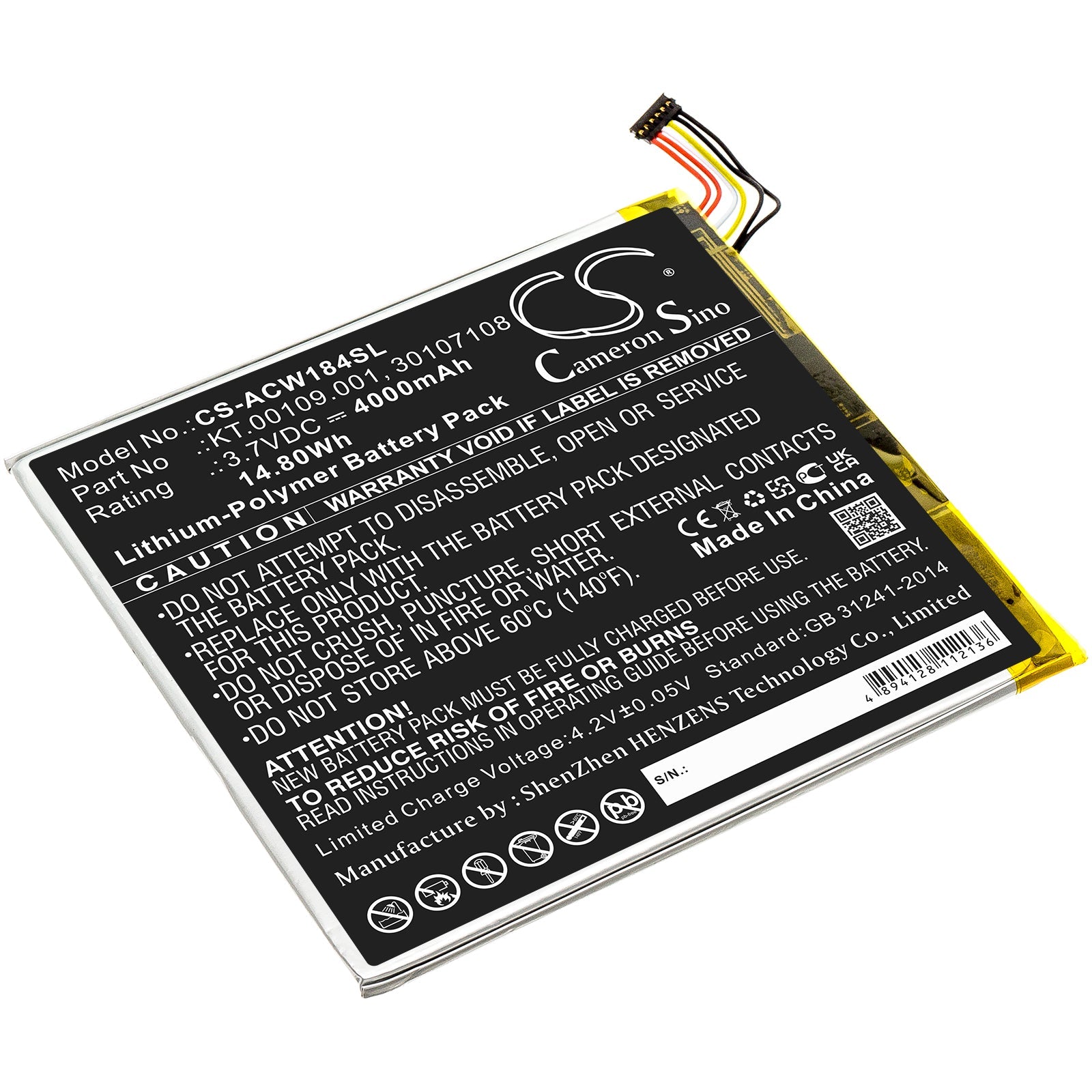 Li-Polymer Battery fits Acer, A1-840-131u, A1-840-16pt, A1-840fhd-10g2 3.7V, 4000mAh Tablet Cameron Sino Technology Limited