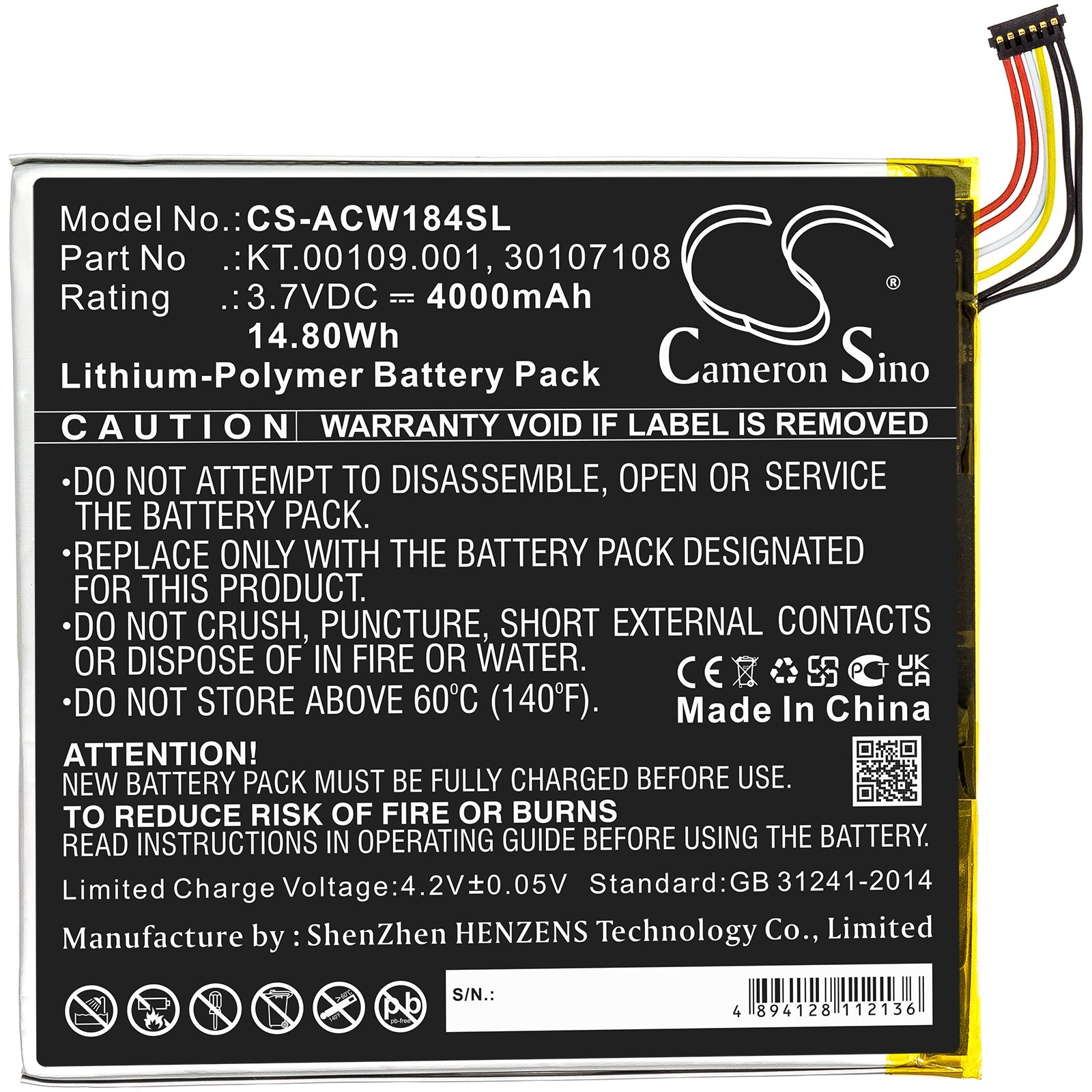 Li-Polymer Battery fits Acer, A1-840-131u, A1-840-16pt, A1-840fhd-10g2 3.7V, 4000mAh Tablet Cameron Sino Technology Limited