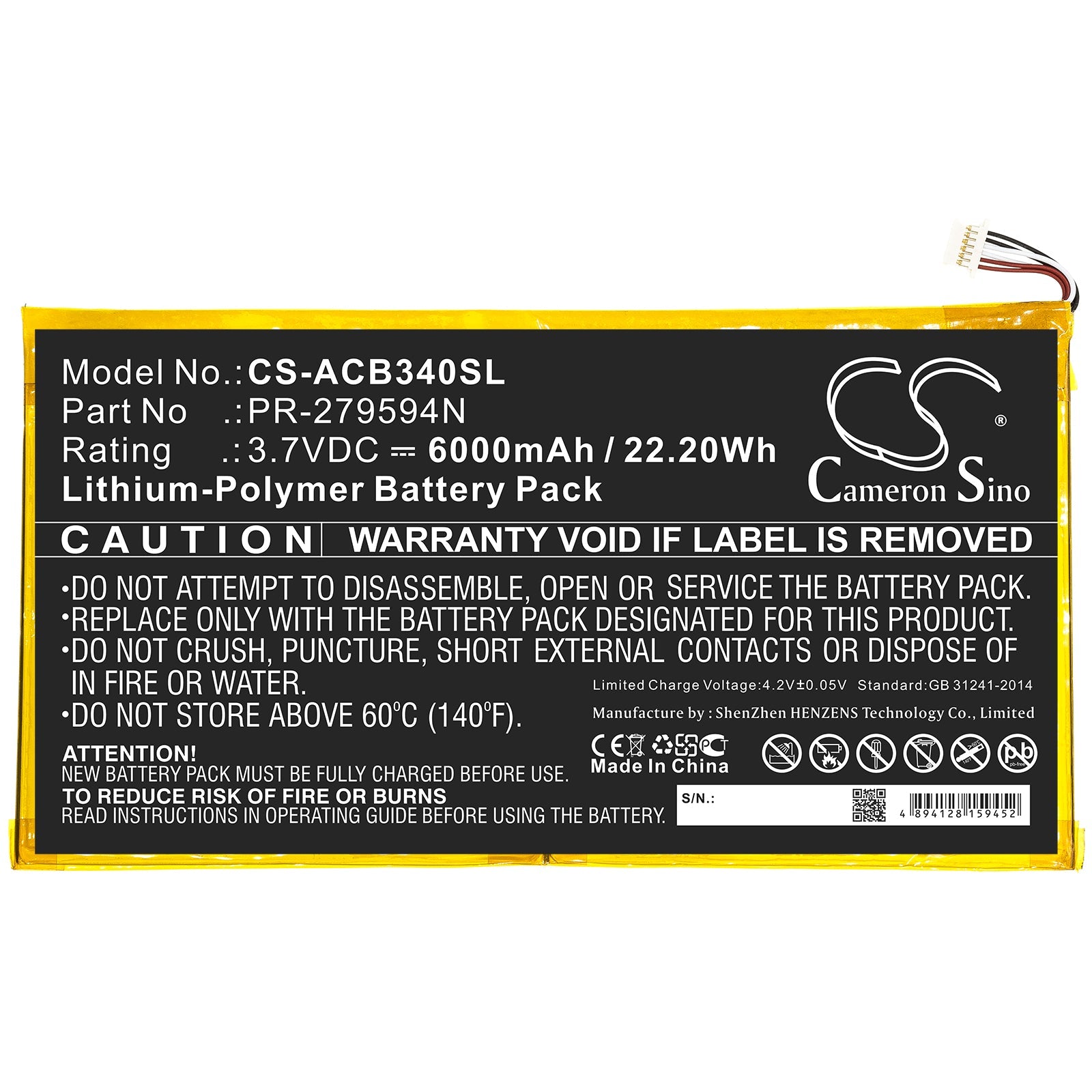 Li-Polymer Battery fits Acer, Pr-279594n, Pr-279594n(1icp3/95/94-2) 3.7V, 6000mAh Tablet Cameron Sino Technology Limited