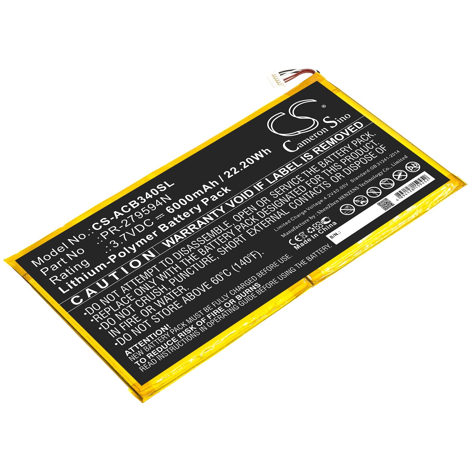 Li-Polymer Battery fits Acer, Pr-279594n, Pr-279594n(1icp3/95/94-2) 3.7V, 6000mAh Tablet Cameron Sino Technology Limited