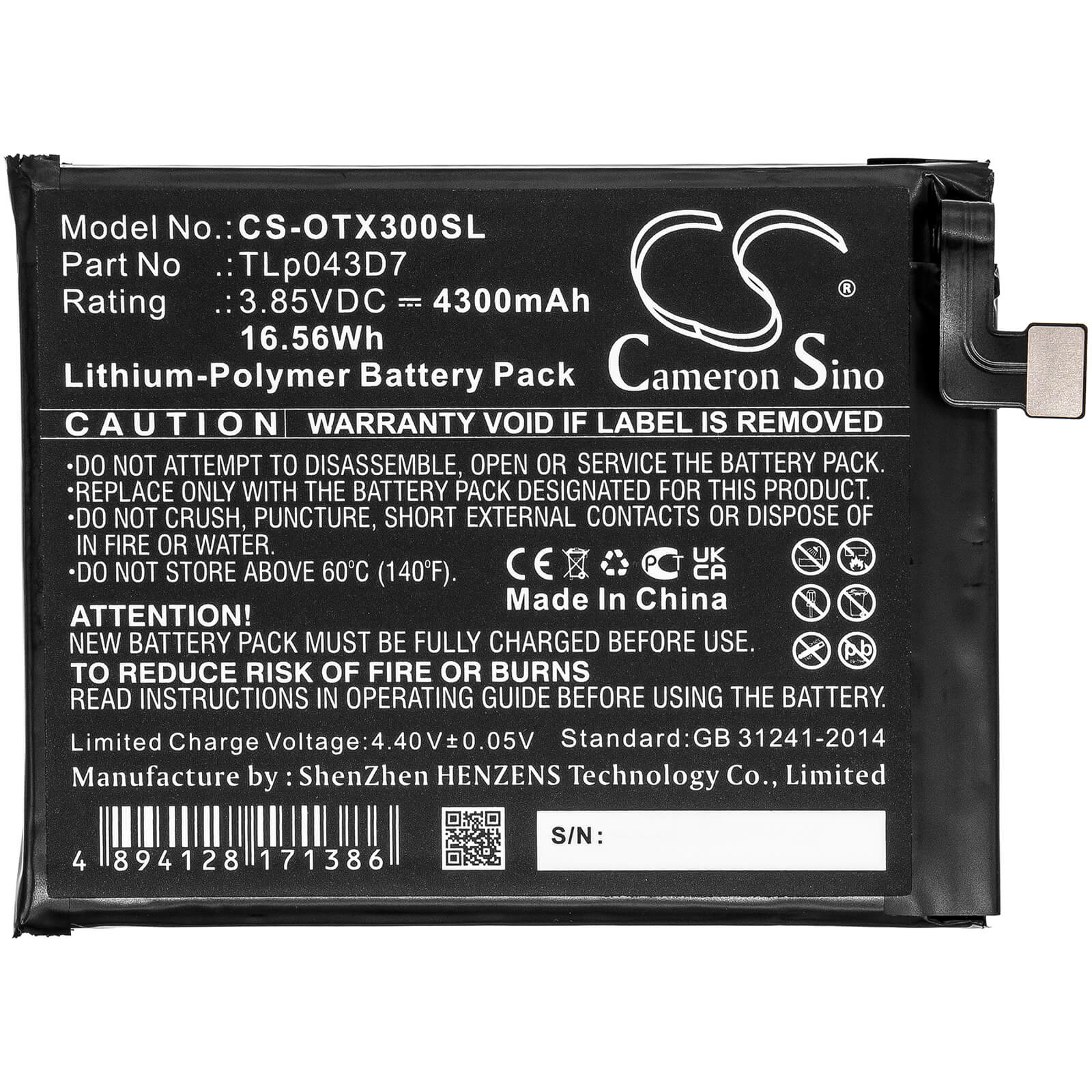 Li-Polymer Battery fits Alcatel, 3x, 5x 3.85V, 4300mAh / 16.56Wh Mobile & SmartPhone Cameron Sino Technology Limited