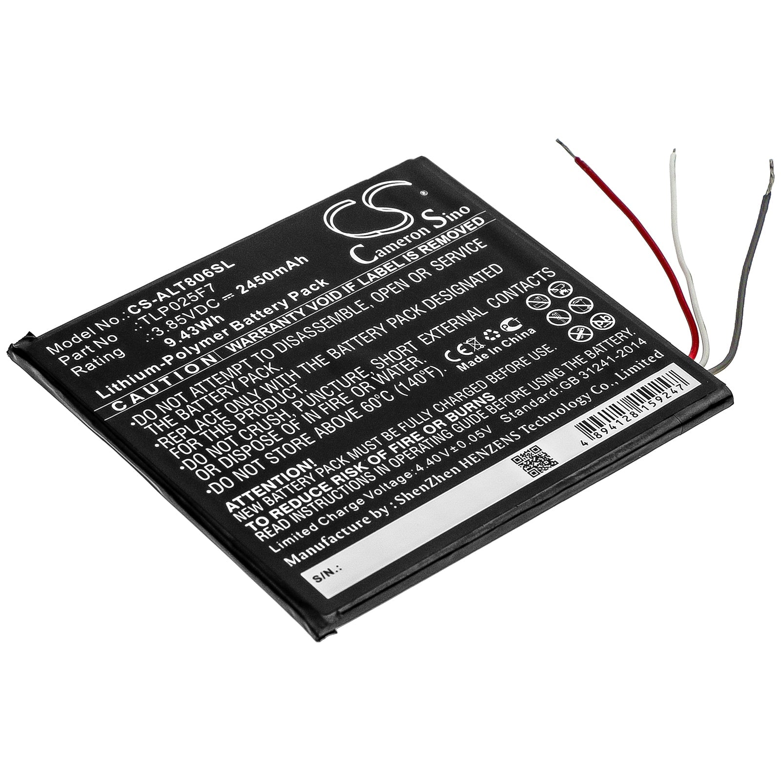 Li-Polymer Battery fits Alcatel, Tlp025f7 3.85V, 2450mAh Tablet Cameron Sino Technology Limited