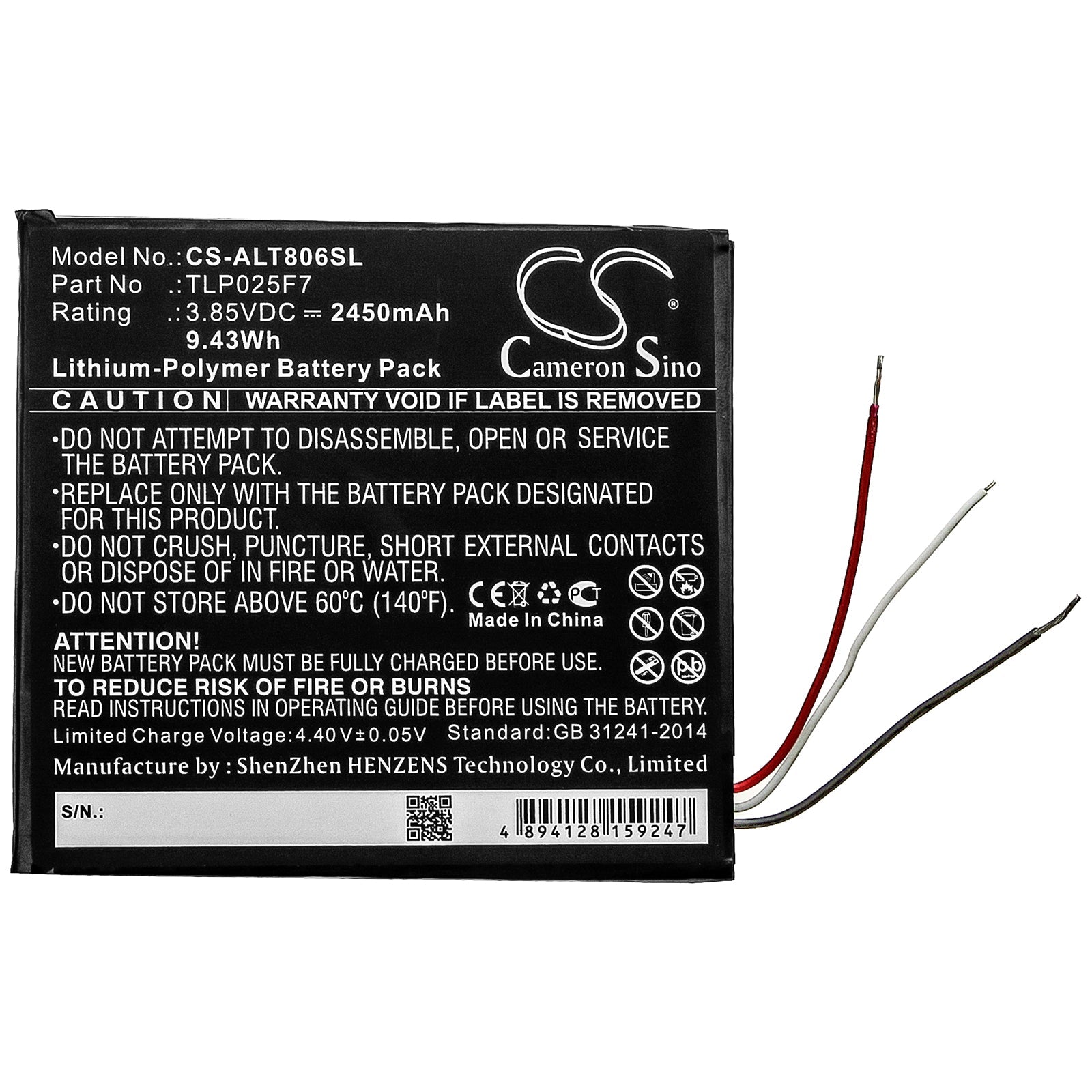 Li-Polymer Battery fits Alcatel, Tlp025f7 3.85V, 2450mAh Tablet Cameron Sino Technology Limited
