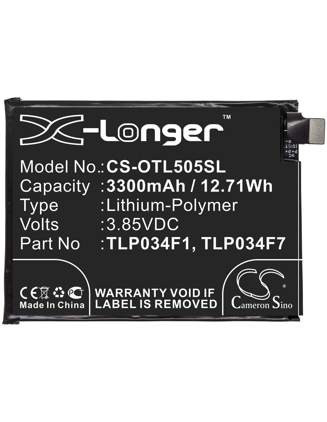 Li-Polymer Battery fits Alcatel, Tlp034f1, Tlp034f7 3.85V, 3300mAh Mobile & SmartPhone Cameron Sino Technology Limited