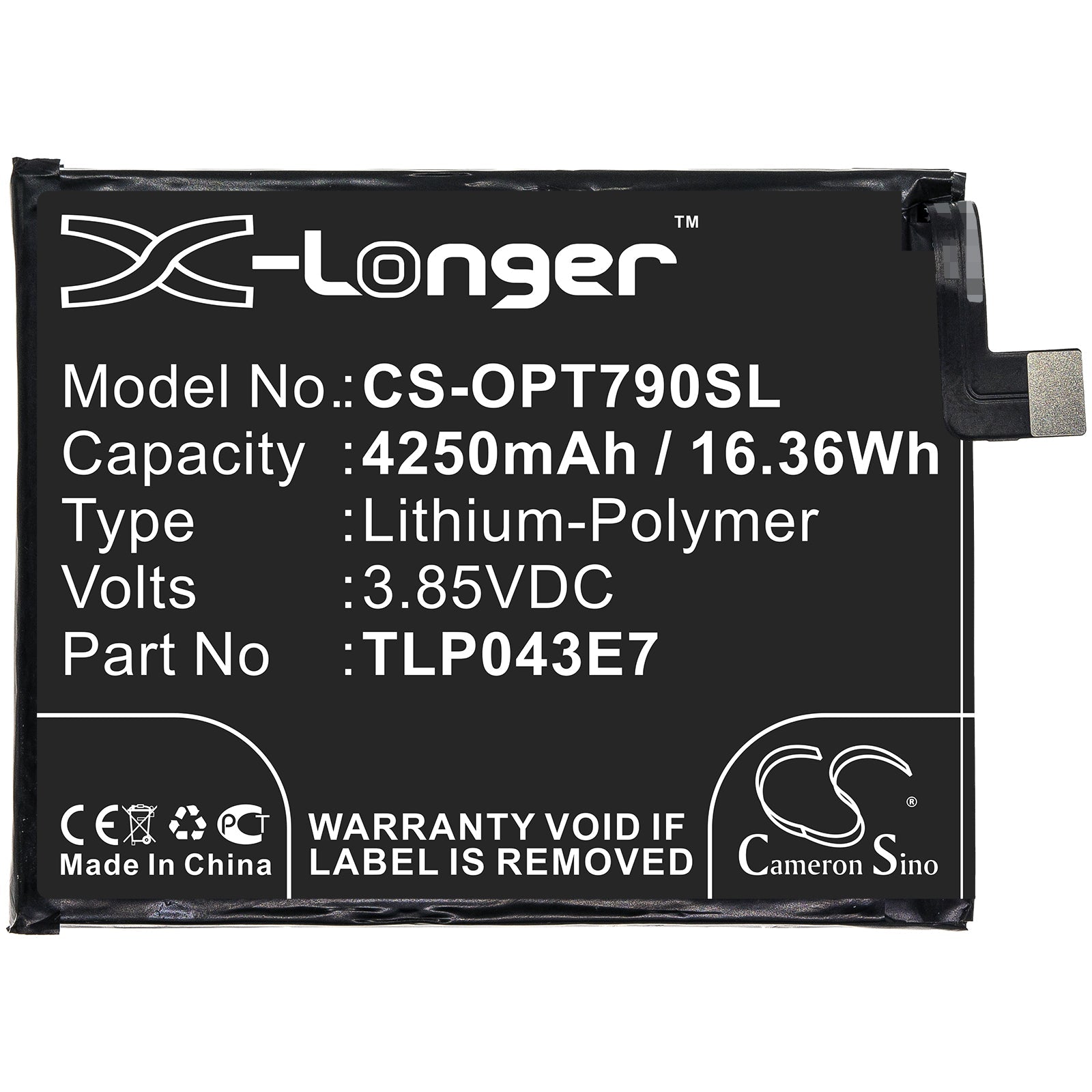 Li-Polymer Battery fits Alcatel, Tlp043e7, T-mobile, Tlp043e7 3.85V, 4250mAh Mobile & SmartPhone Cameron Sino Technology Limited