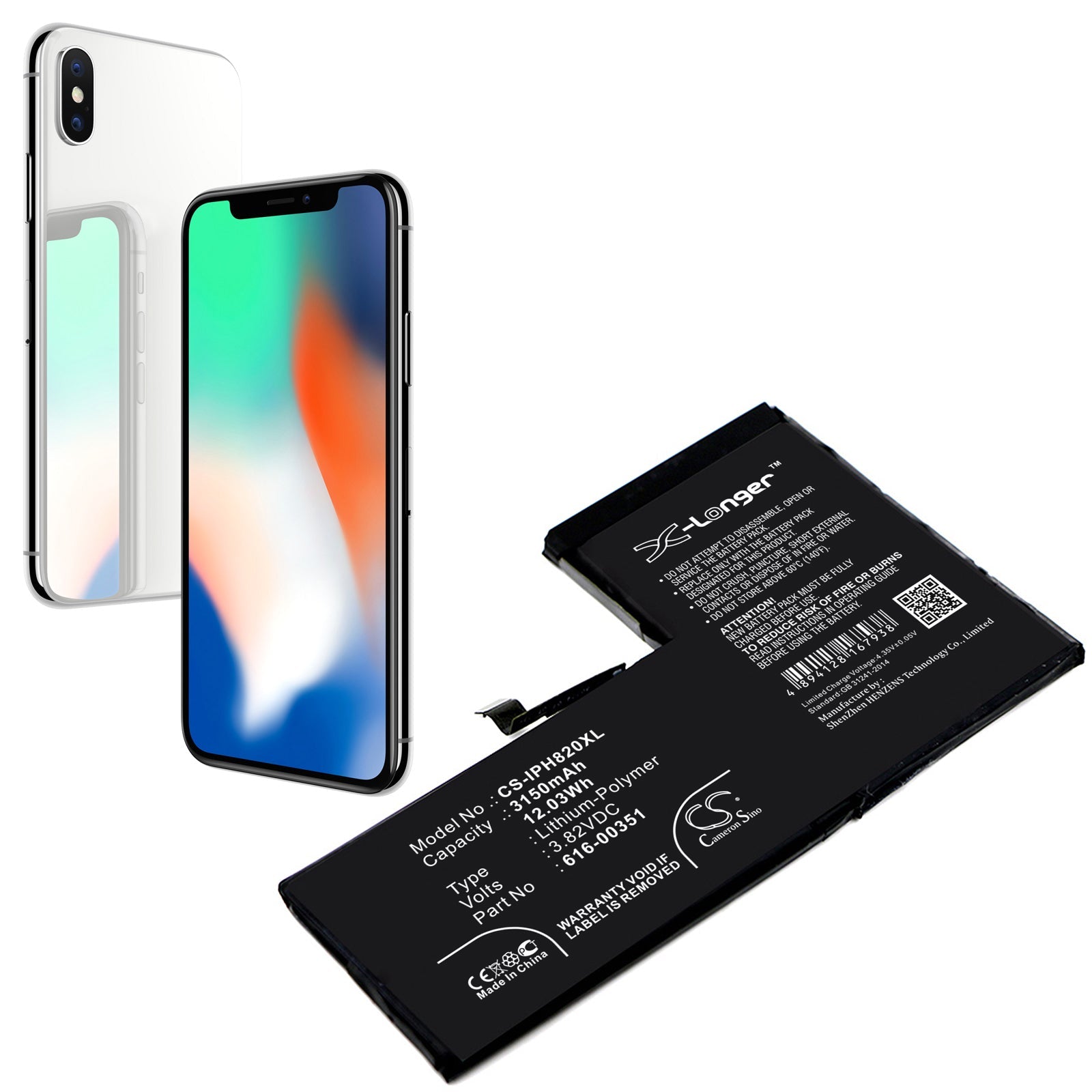 Li-Polymer Battery fits Apple, Iphone X, Mqa52ll/a, Mqa62ll/a 3.82V, 3150mAh Mobile & SmartPhone Cameron Sino Technology Limited