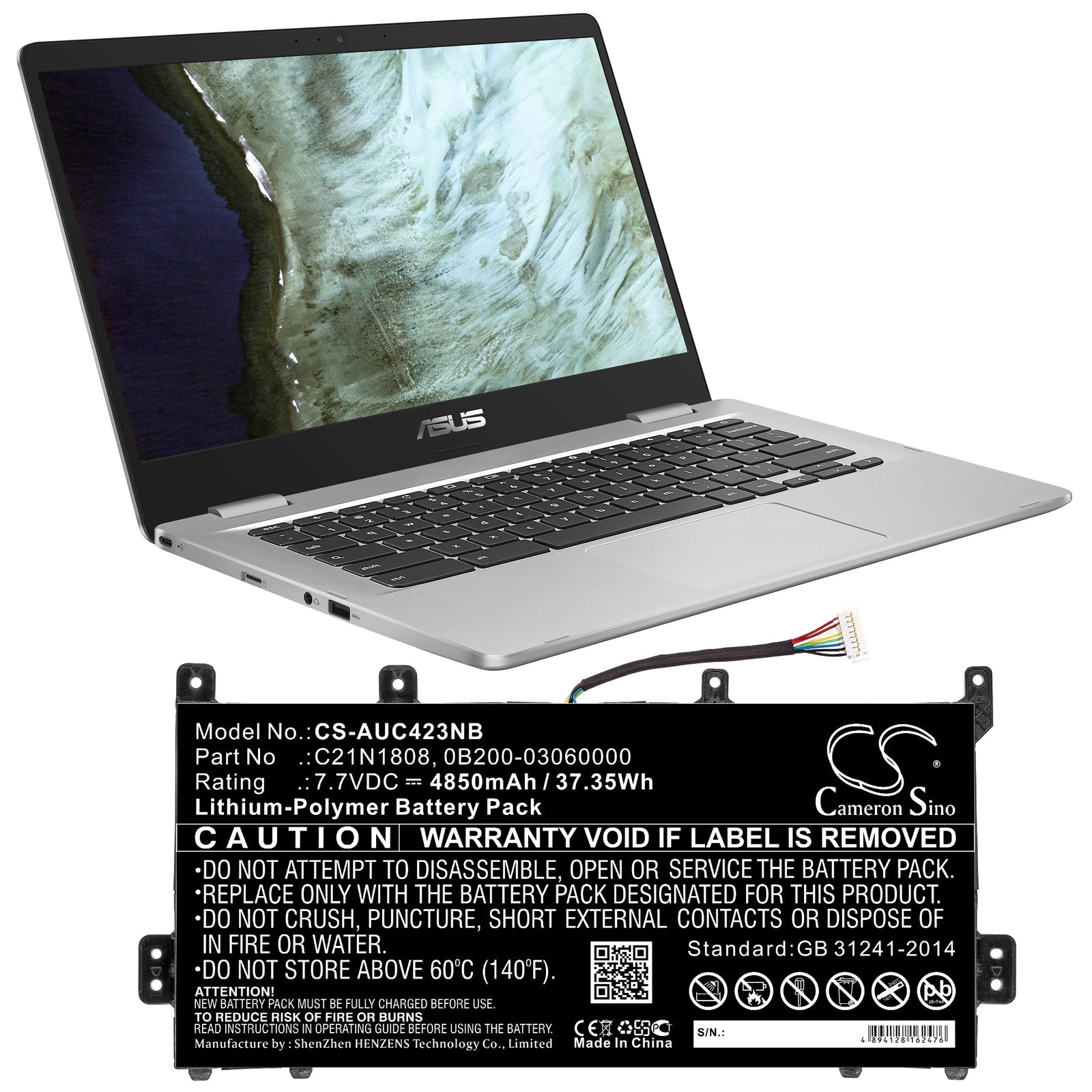 Li-Polymer Battery fits Asus, C423, C423na 7.7V, 4850mAh Notebook & Laptop Cameron Sino Technology Limited