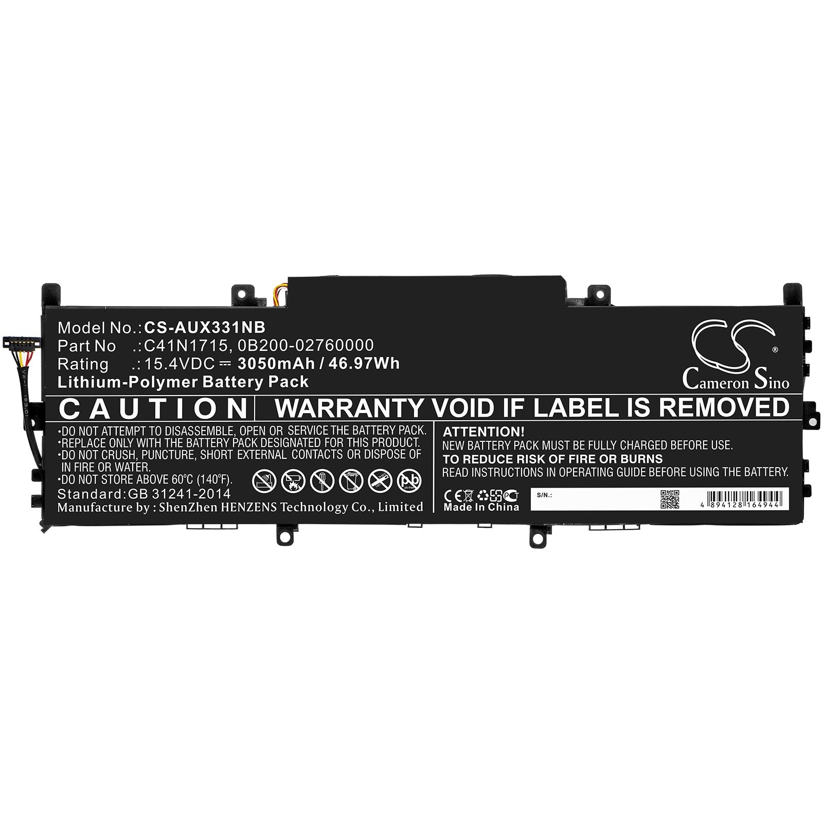 Li-Polymer Battery fits Asus, U3100fn, U3100un, Ux331fn 15.4V, 3050mAh Notebook & Laptop Cameron Sino Technology Limited
