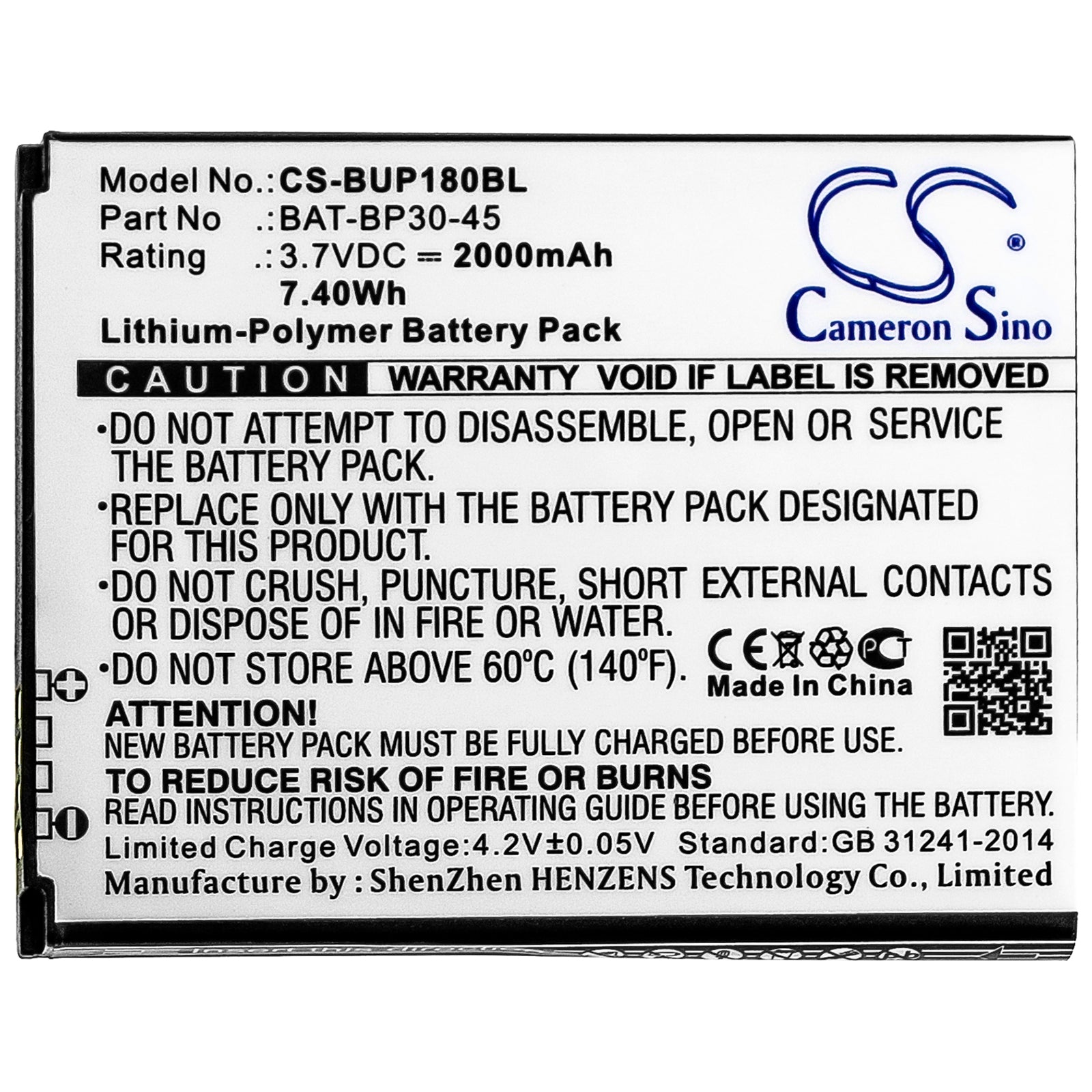 Li-Polymer Battery fits Bluebird, Bm180, Bp30 3.7V, 2000mAh Barcode Scanner Cameron Sino Technology Limited