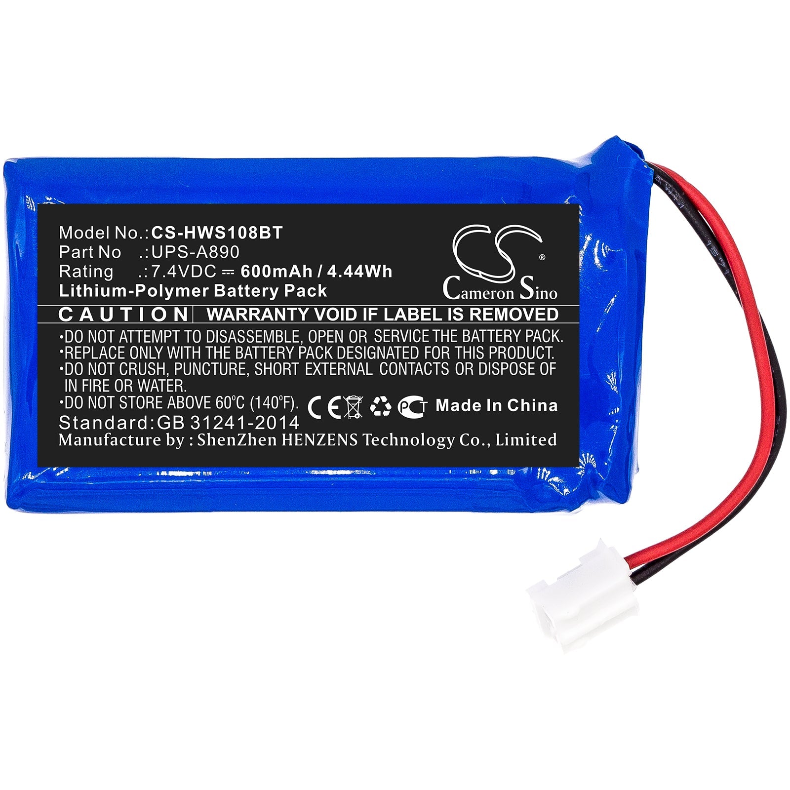 Li-Polymer Battery fits Chuango, Ws-108 7.4V, 600mAh Alarm System Cameron Sino Technology Limited