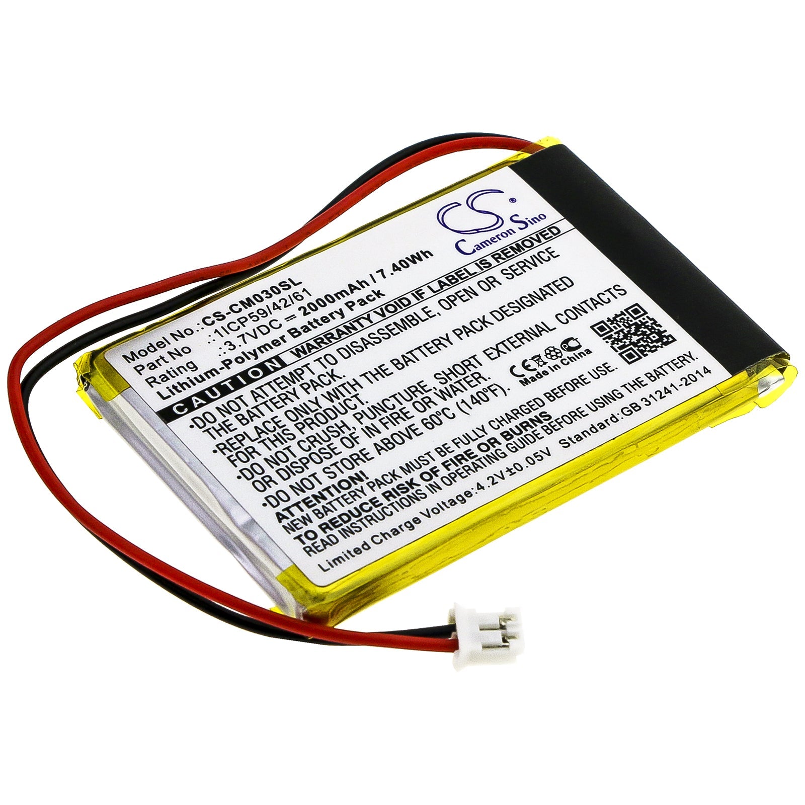 Li-Polymer Battery fits Custom Battery Pack, 1icp59/42/61 3.7V, 2000mAh Battery Pack Cameron Sino Technology Limited