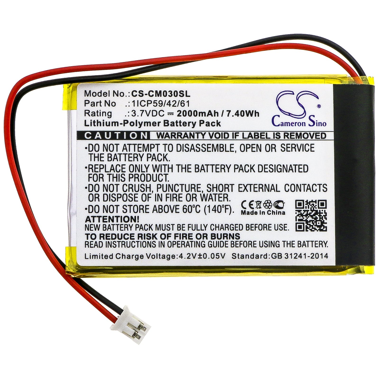 Li-Polymer Battery fits Custom Battery Pack, 1icp59/42/61 3.7V, 2000mAh Battery Pack Cameron Sino Technology Limited
