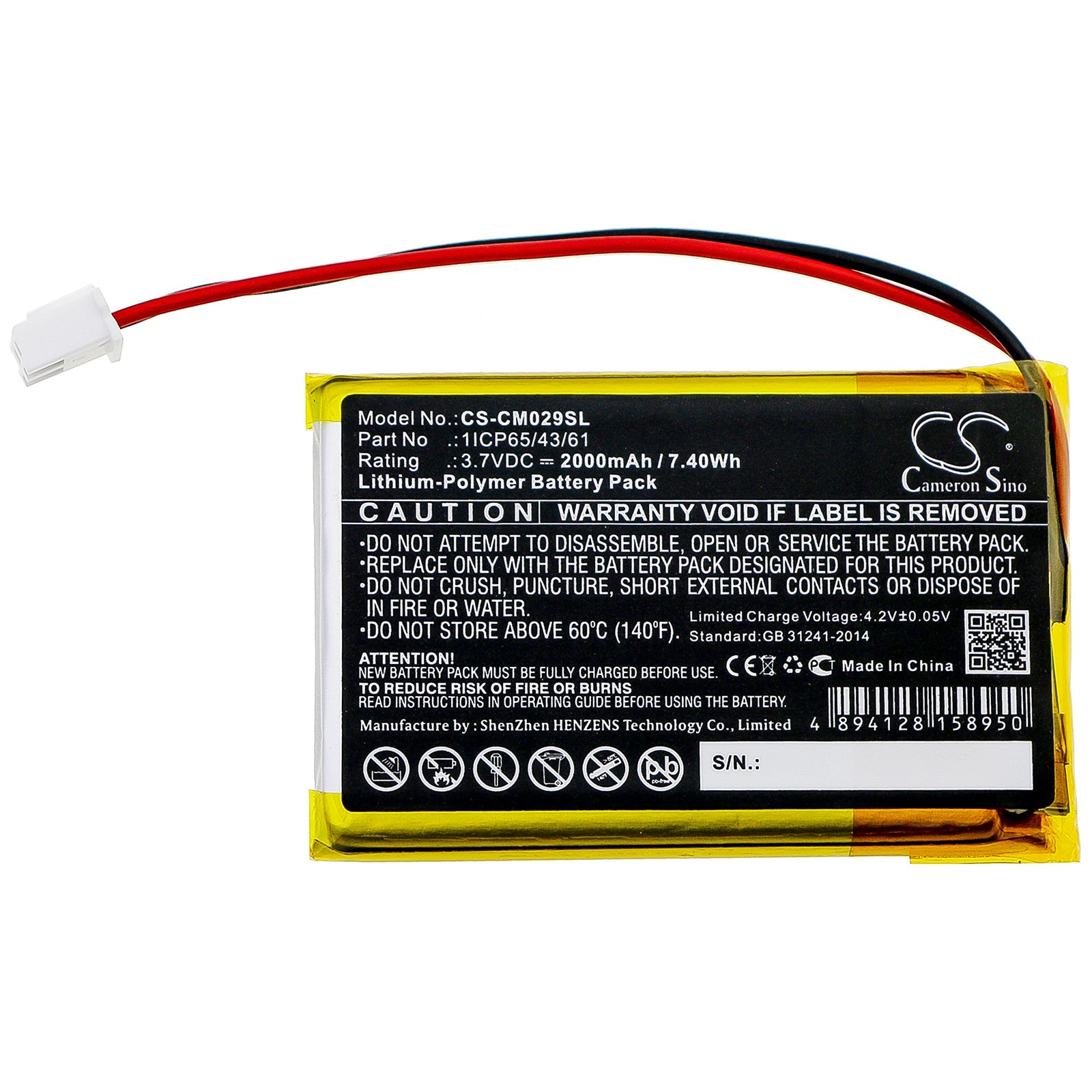 Li-Polymer Battery fits Custom Battery Pack, 1icp65/43/61 3.7V, 2000mAh Battery Pack Cameron Sino Technology Limited