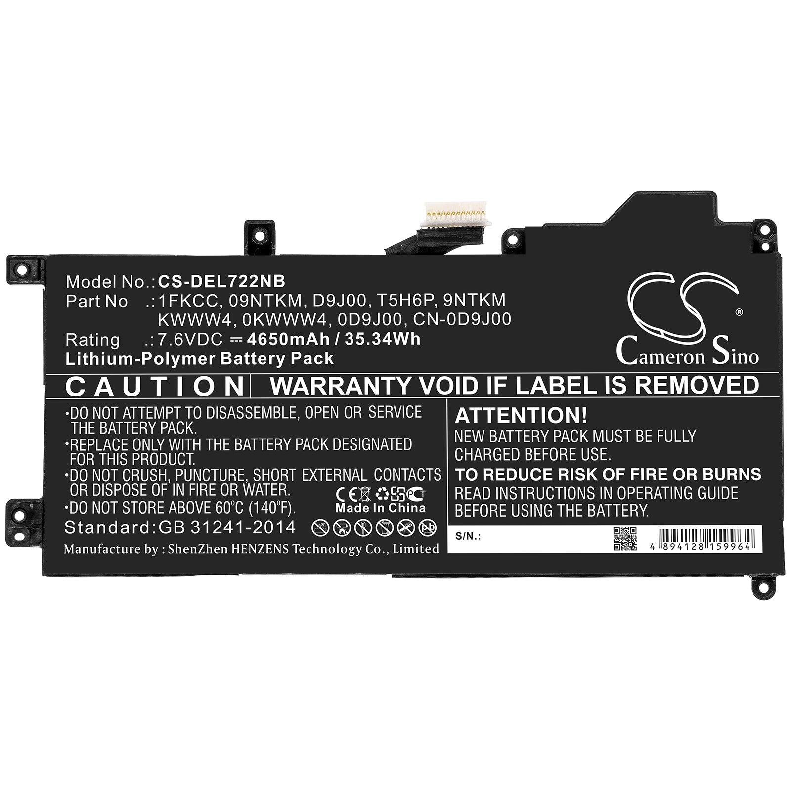Li-Polymer Battery fits Dell, 09ntkm, 0d9j00, 0kwww4, 1fkcc, 9ntkm, Cn-0d9j00, D9j00, Kwww4, T5h6p 7.6V, 4650mAh Notebook & Laptop Cameron Sino Technology Limited