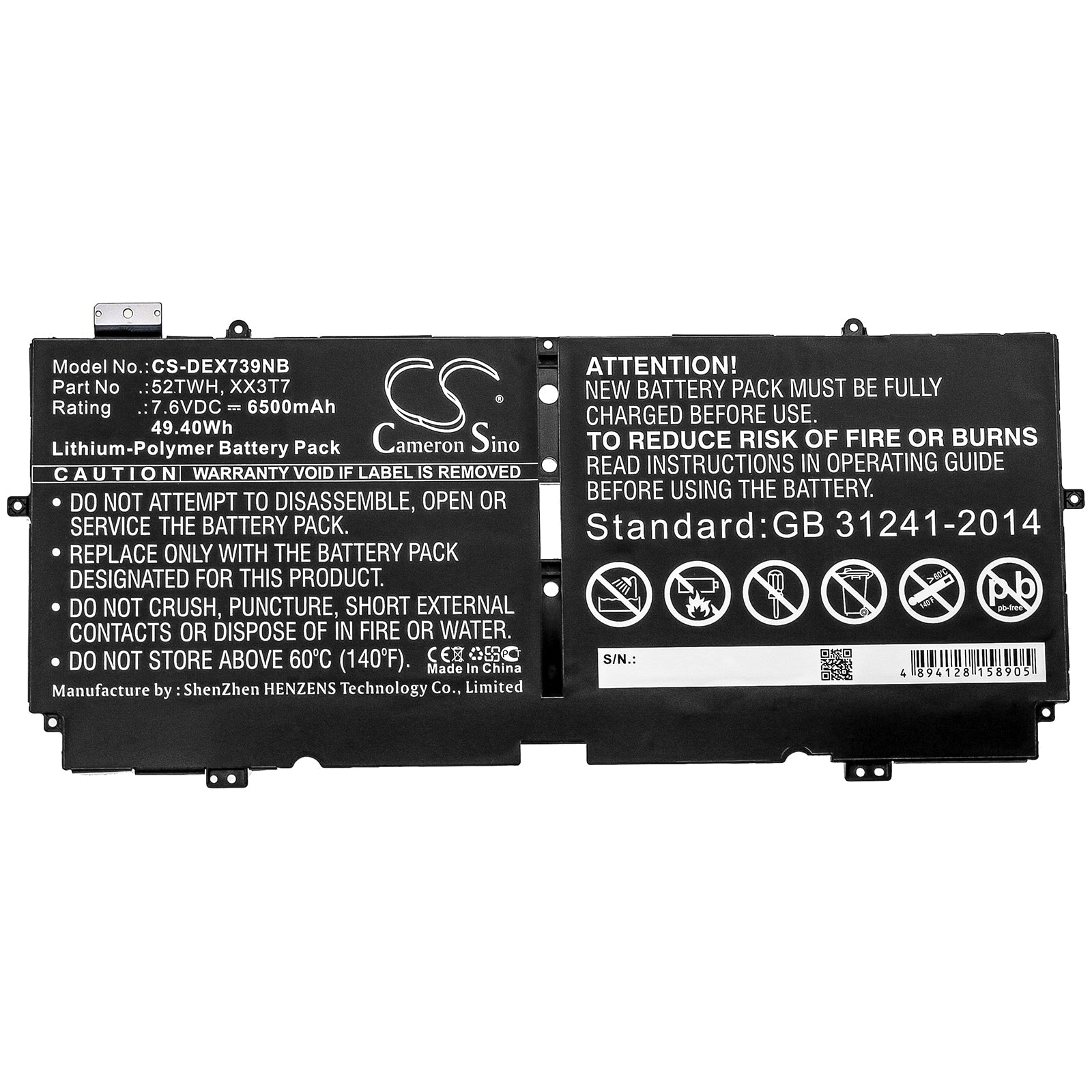 Li-Polymer Battery fits Dell, 52twh, Xx3t7 7.6V, 6500mAh Notebook & Laptop Cameron Sino Technology Limited