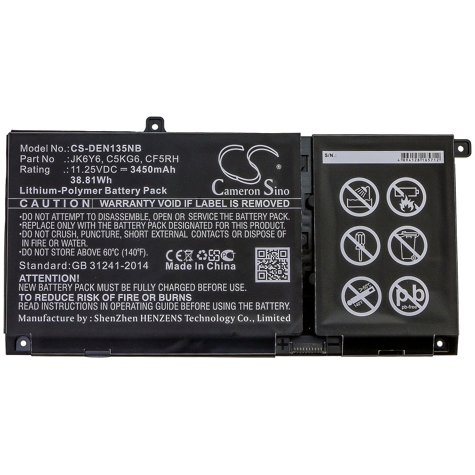 Li-Polymer Battery fits Dell, Inspiron 13 5301, Inspiron 14 5406 2-in-1, Latitude 15 3510 11.25V, 3450mAh Notebook & Laptop Cameron Sino Technology Limited