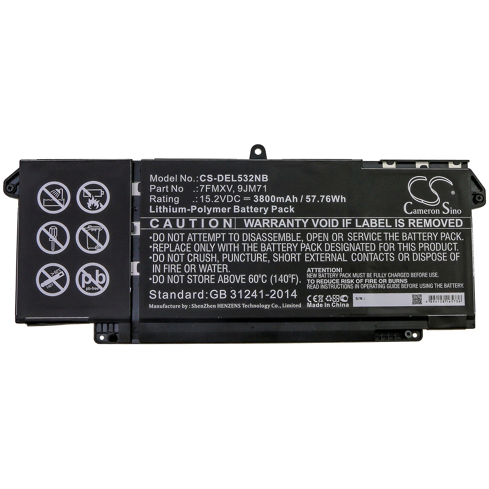 Li-Polymer Battery fits Dell, Latitude 5320, Latitude 7320, Latitude 7420 15.2V, 3800mAh Notebook & Laptop Cameron Sino Technology Limited