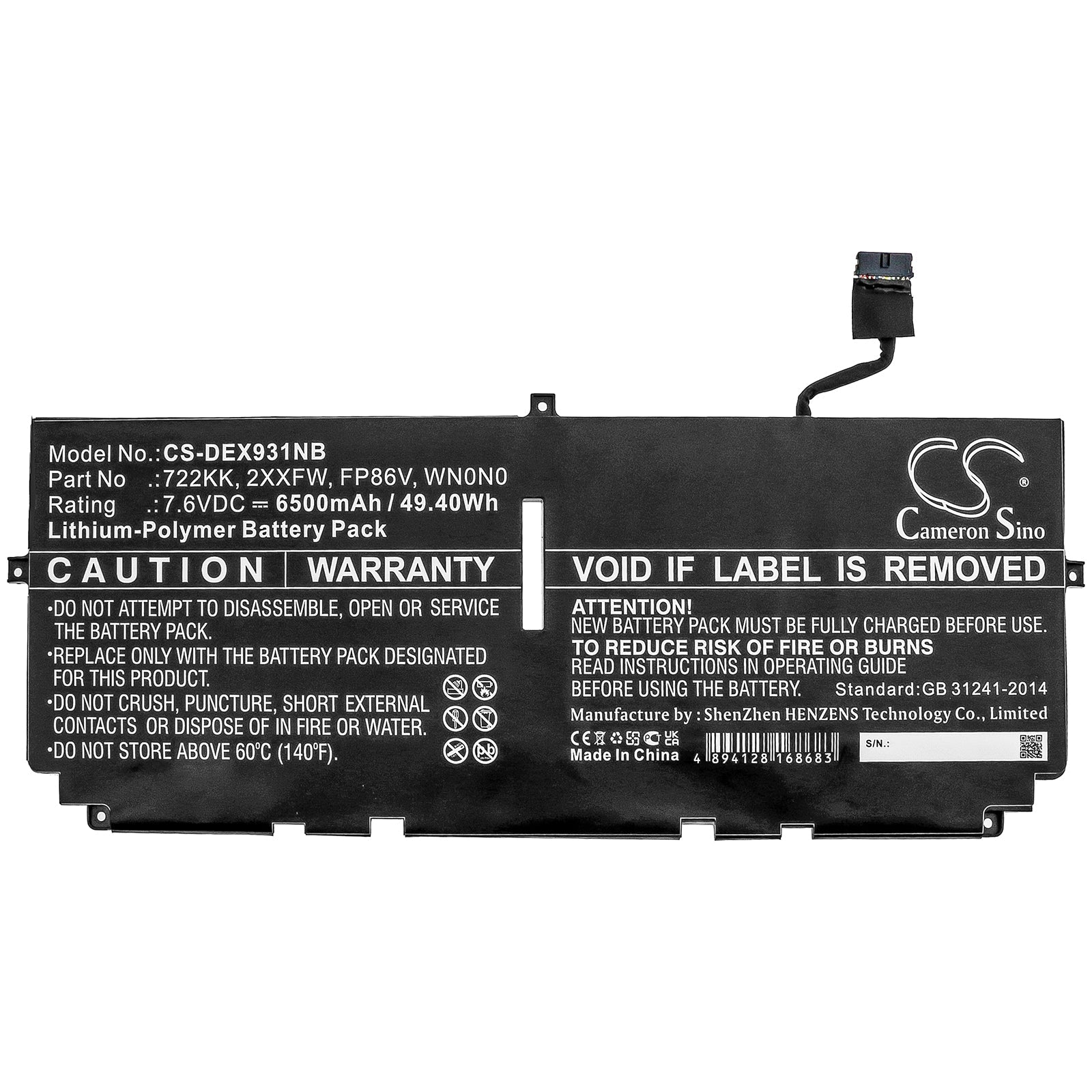 Li-Polymer Battery fits Dell, Xps 13 9300, Xps 13 9300 2020, Xps 13 9300 I5 Fhd 7.6V, 6500mAh Notebook & Laptop Cameron Sino Technology Limited