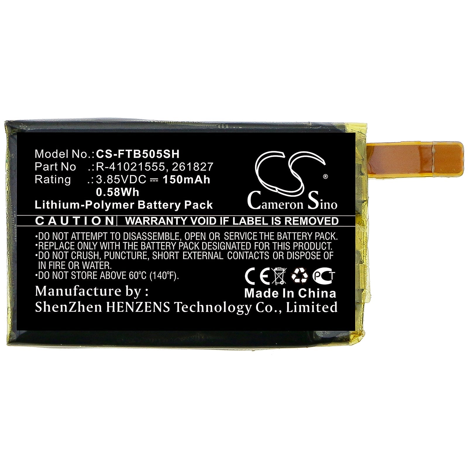 Li-Polymer Battery fits Fitbit, 261827, R-41021555 3.85V, 150mAh Smartwatch Cameron Sino Technology Limited