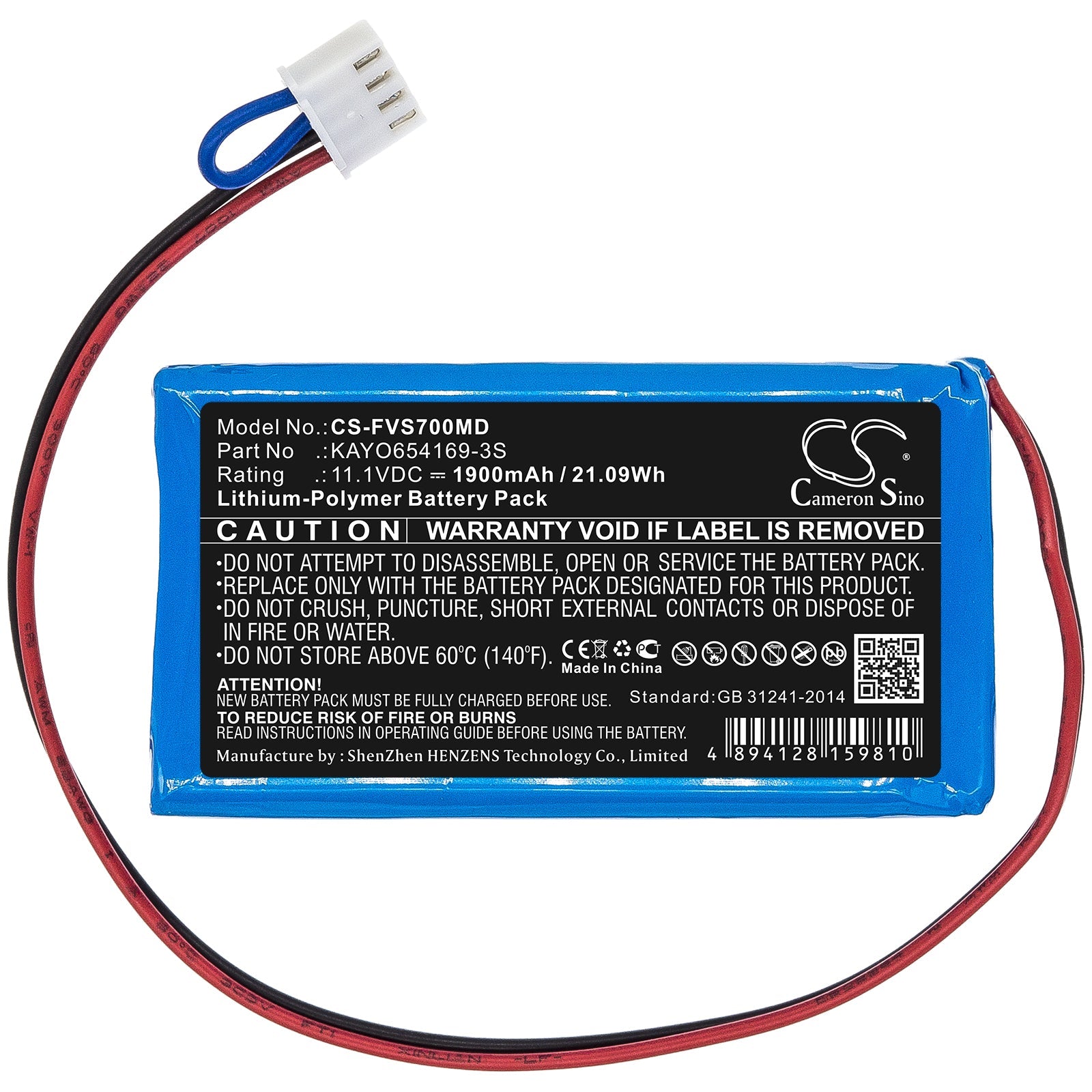 Li-Polymer Battery fits Fresenius, Kayo654169-3s 11.1V, 1900mAh Medical Cameron Sino Technology Limited