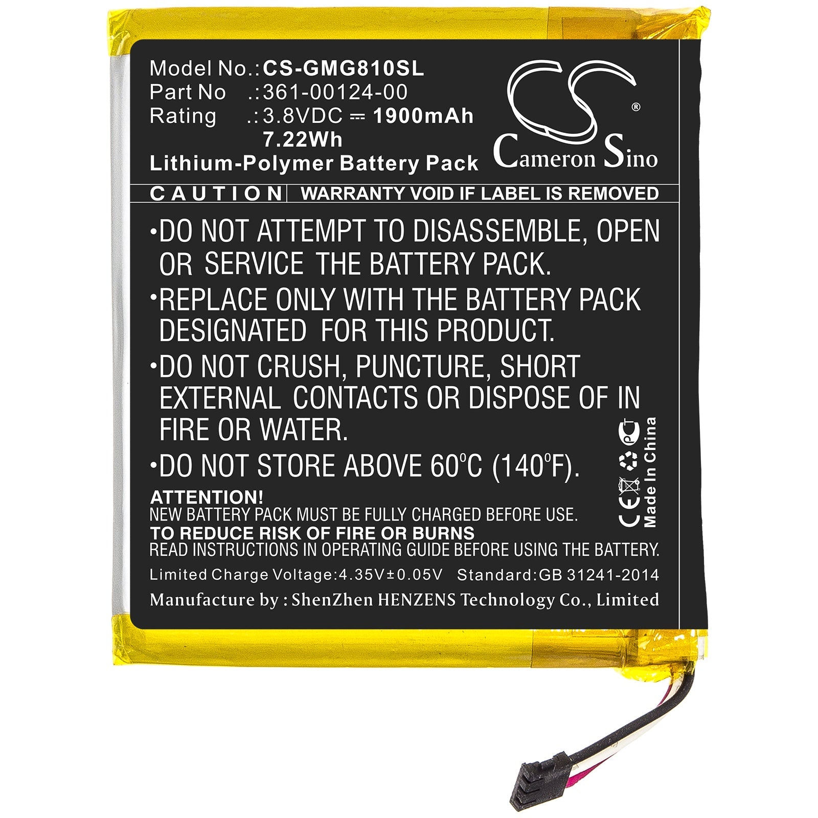 Li-Polymer Battery fits Garmin, 361-00124-00 3.8V, 1900mAh GPS & Navigator Cameron Sino Technology Limited