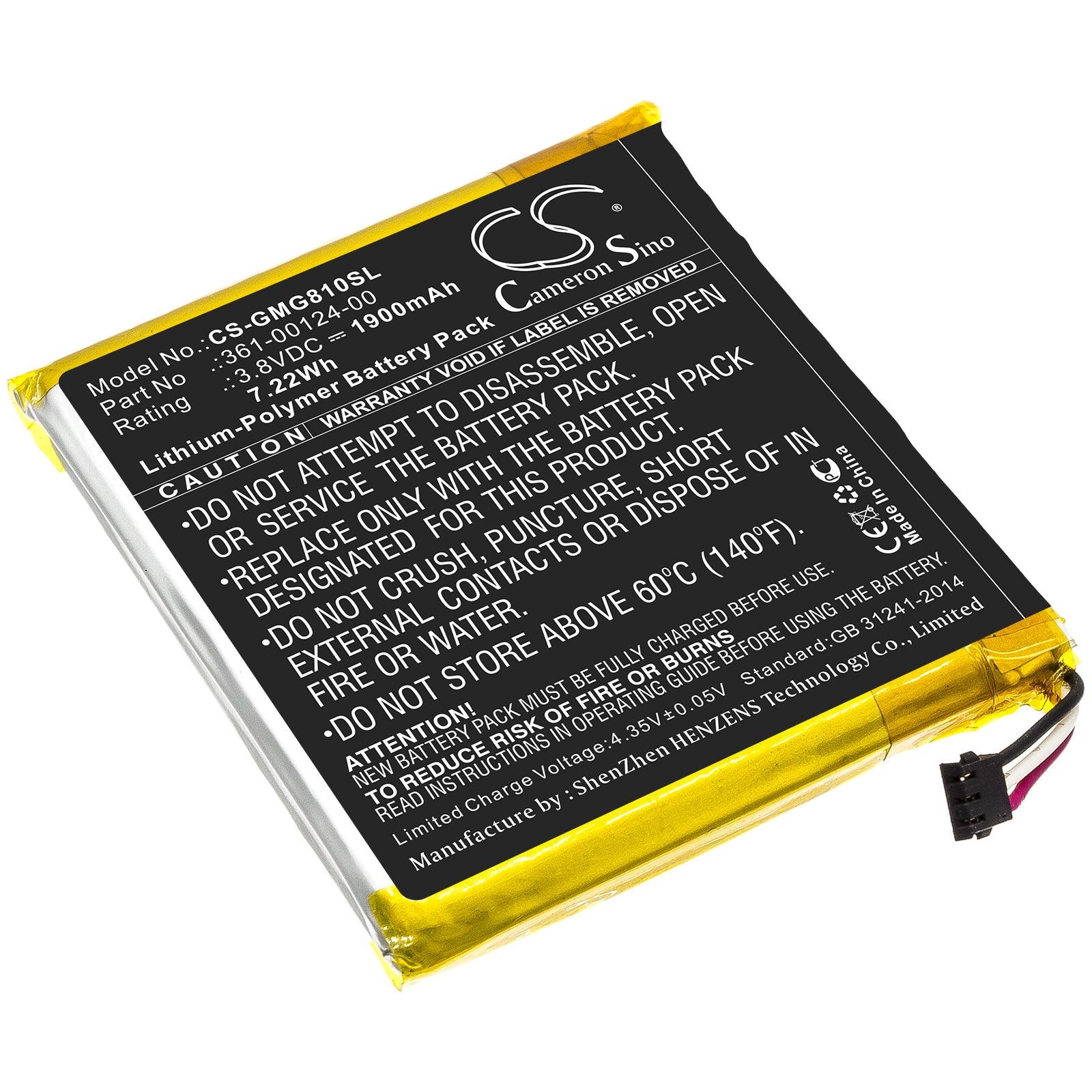 Li-Polymer Battery fits Garmin, 361-00124-00 3.8V, 1900mAh GPS & Navigator Cameron Sino Technology Limited