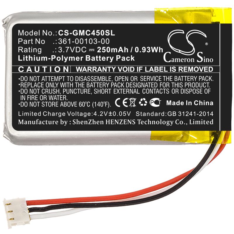 Li-Polymer Battery fits Garmin, Dash Cam 45, Dashcam 45 3.7V, 250mAh Dashcam Cameron Sino Technology Limited