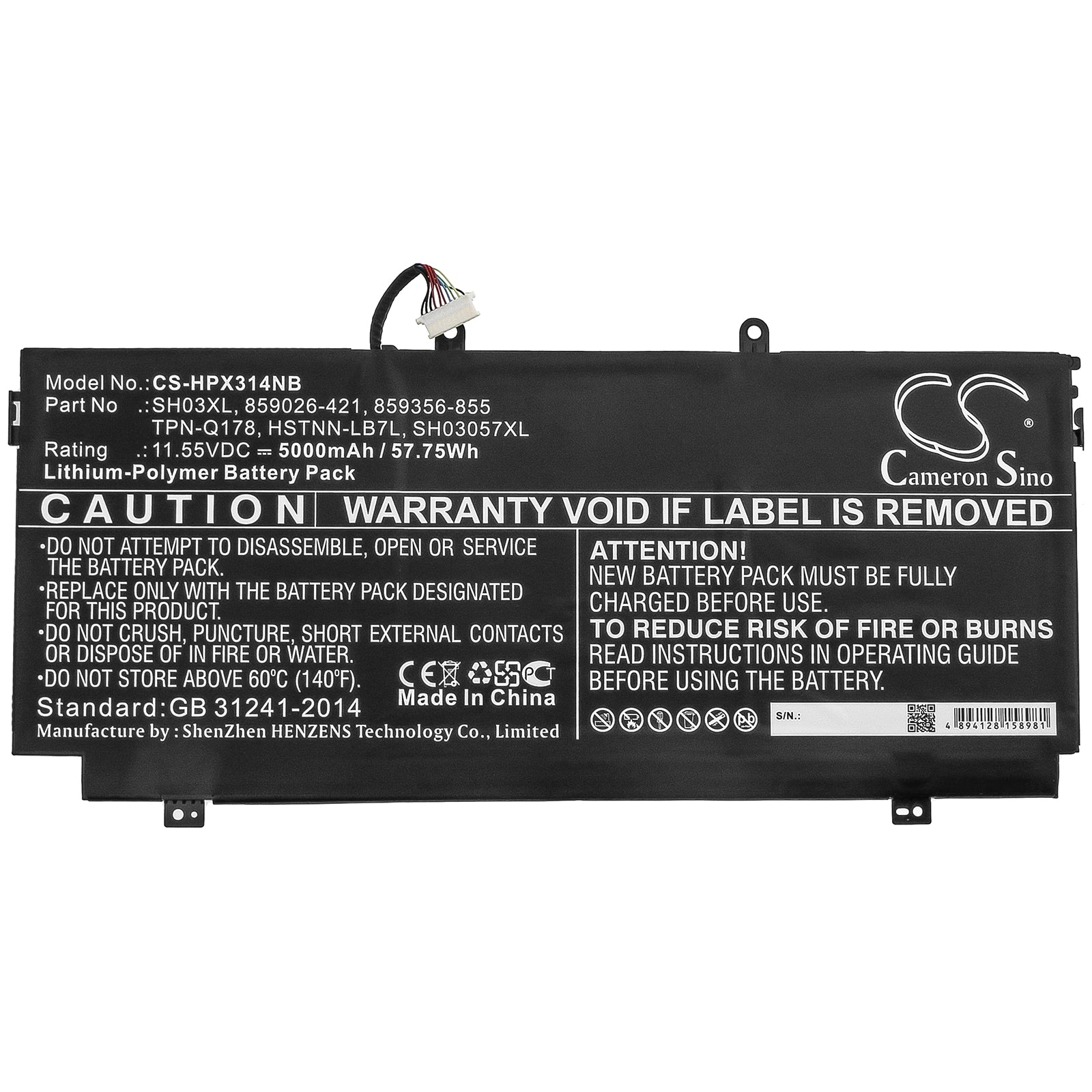 Li-Polymer Battery fits Hp, 859026-421, 859356-855, Hstnn-lb7l, Sh03057xl, Sh03xl, Tpn-q178 11.55V, 5000mAh Notebook & Laptop Cameron Sino Technology Limited