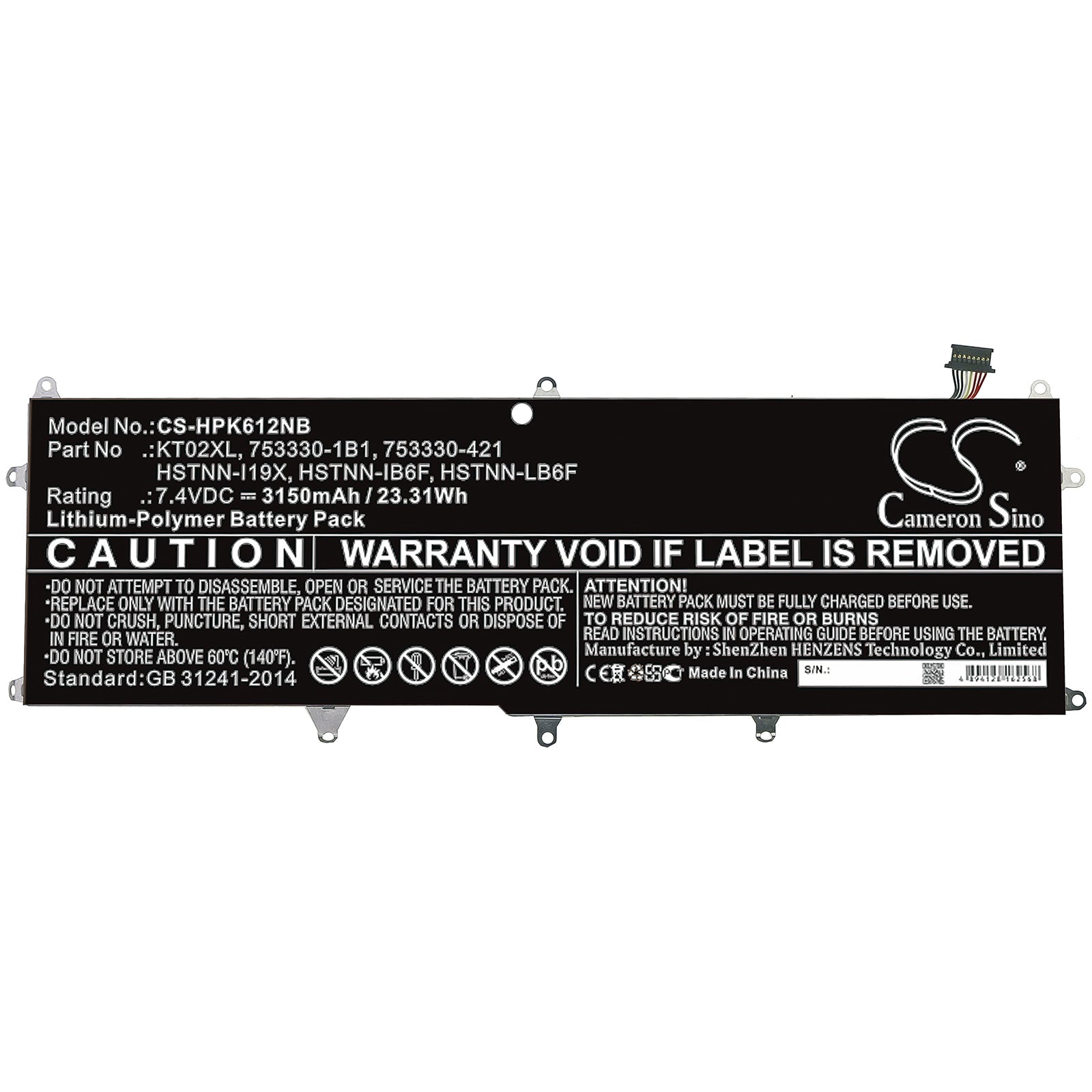 Li-Polymer Battery fits Hp, Pro X2 612 G1 Keyboard 7.4V, 3150mAh Notebook & Laptop Cameron Sino Technology Limited